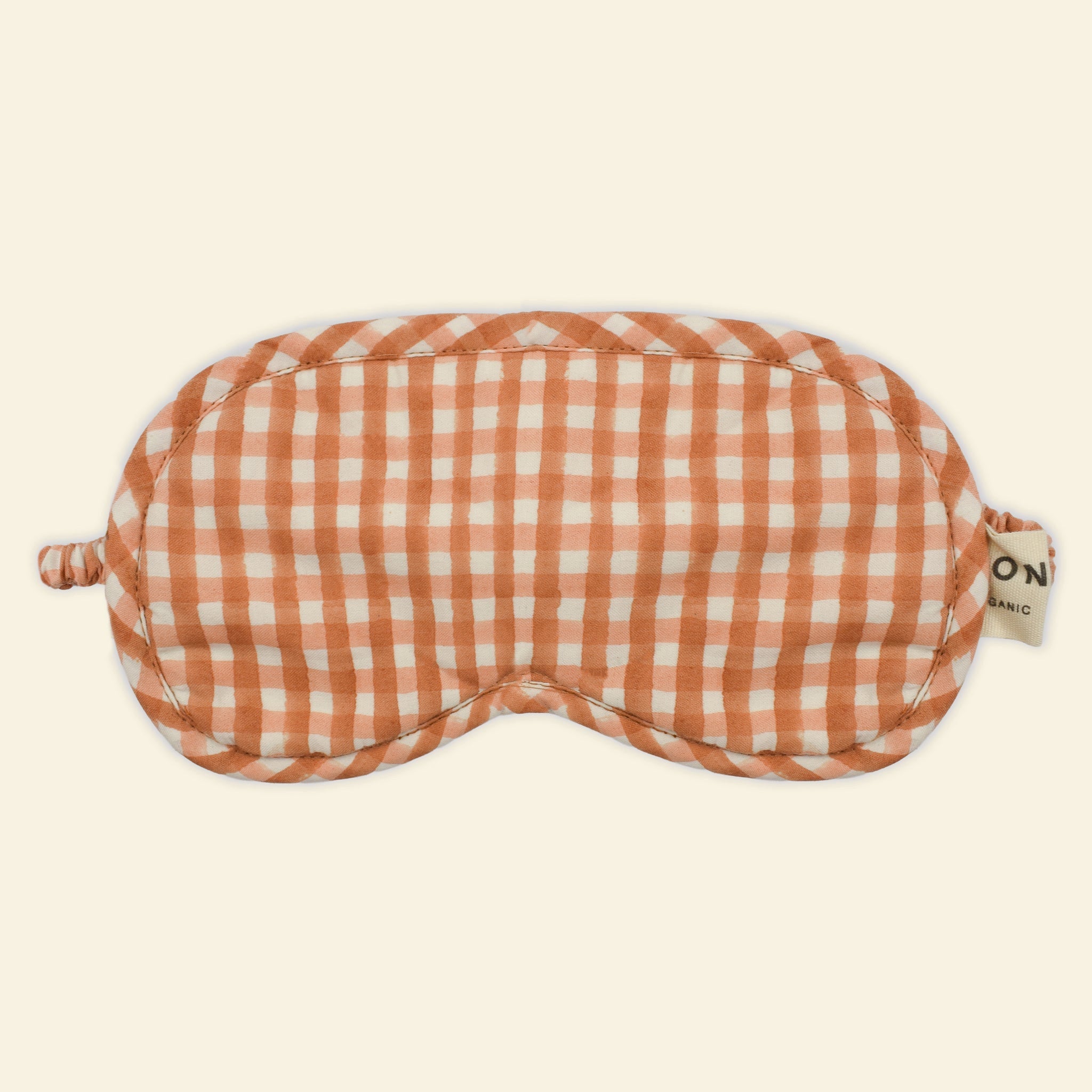 Yonder organic cotton eye mask in Fudge caramel and ivory gingham, hand block-printed in Jaipur