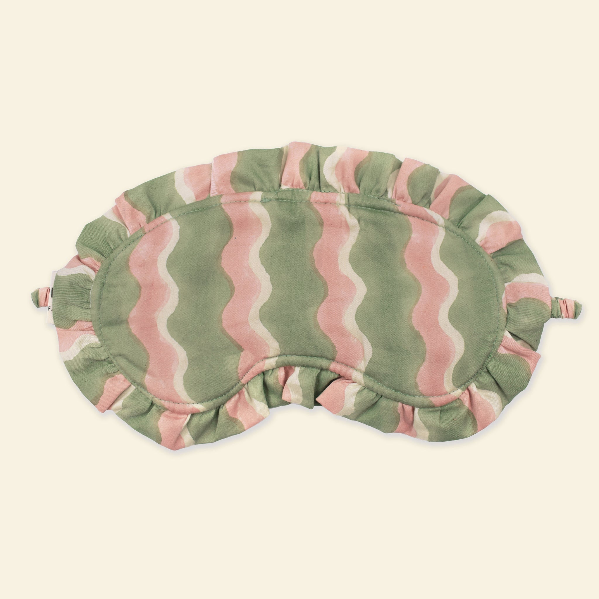 Yonder organic cotton frill eye mask in Mint green and pink wave-stripe, hand block-printed in Jaipur