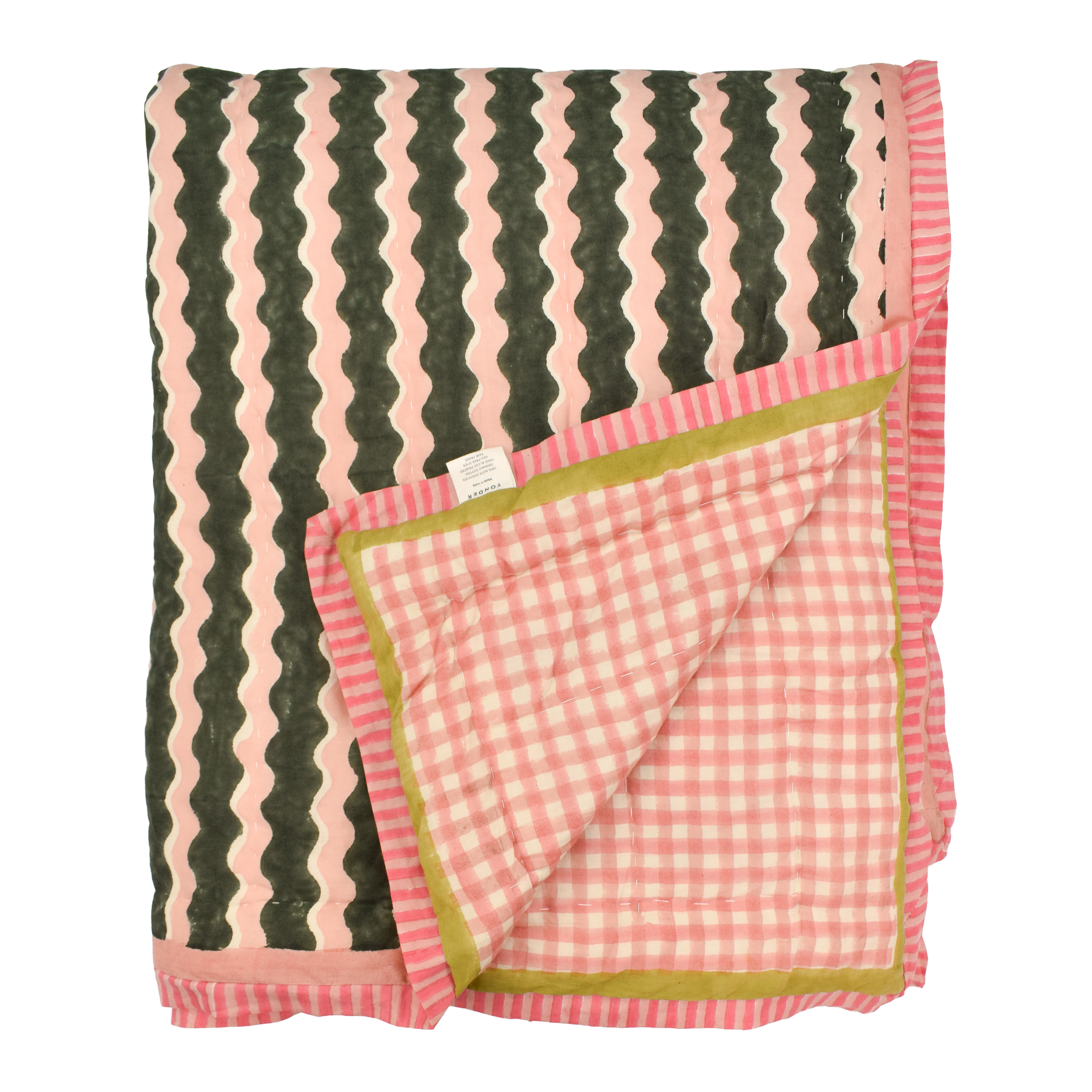 Cotton quilt printed with pink and dark green striped wave and pink gingham patterns and pink striped border