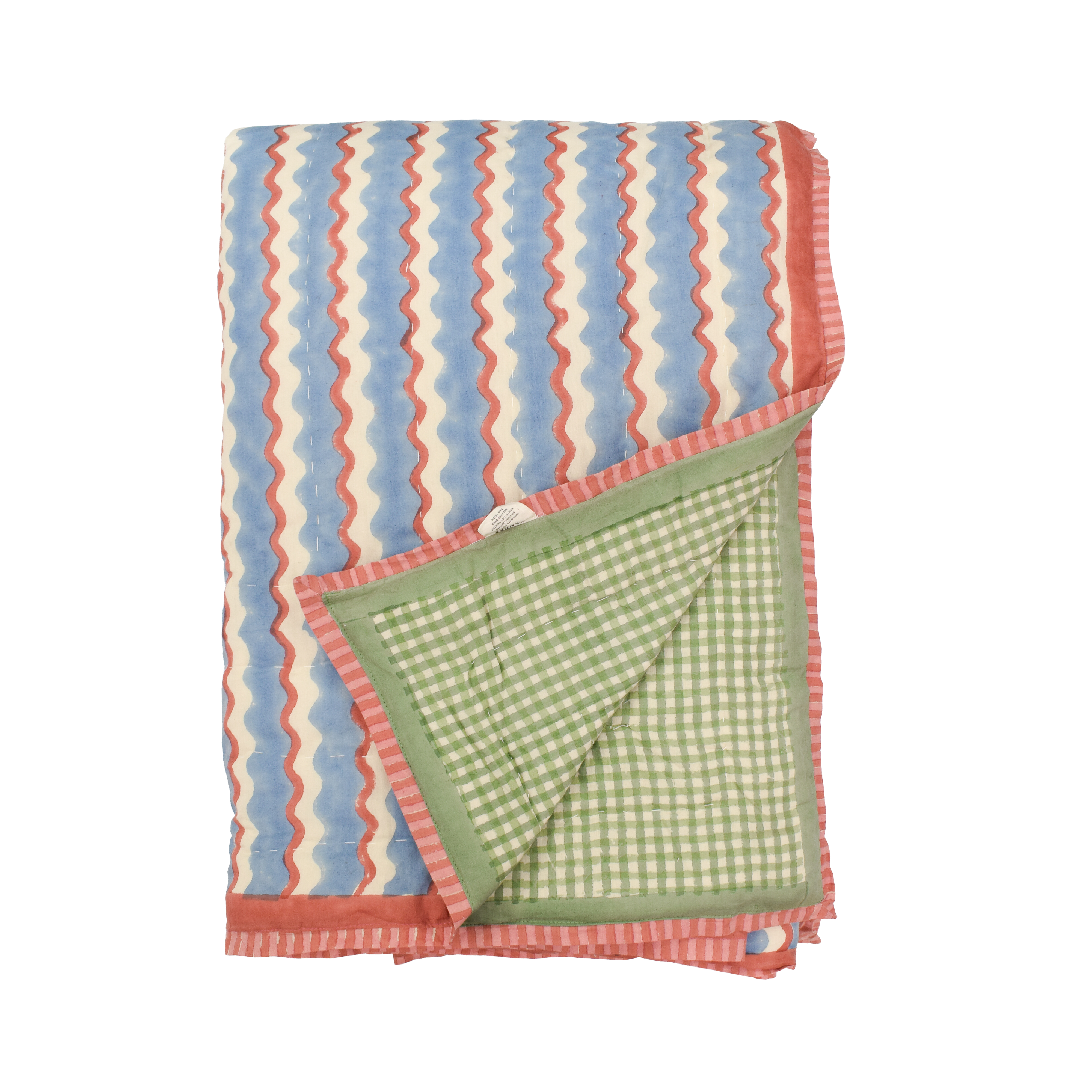 Cotton quilt printed with blue and cream striped wave and green gingham patterns and pink striped border