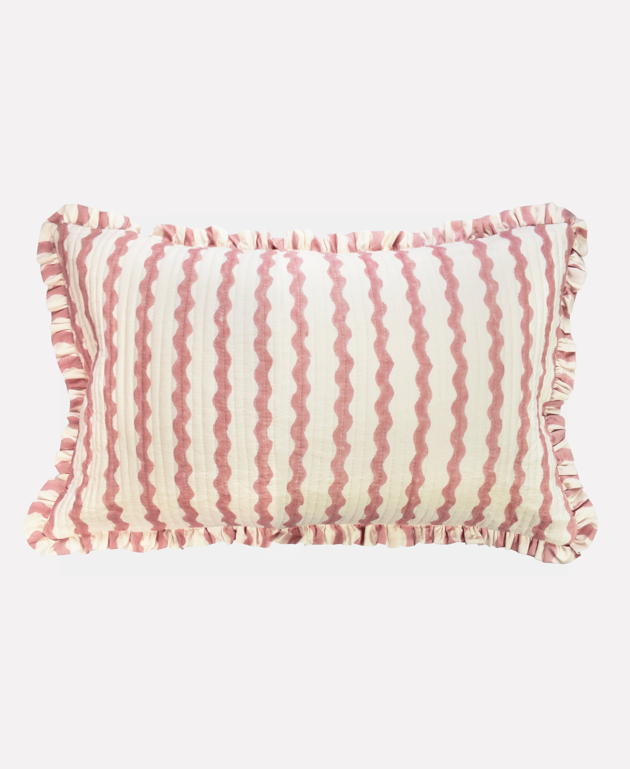Cotton quilted cushion printed with pink and white striped wave pattern and frill border