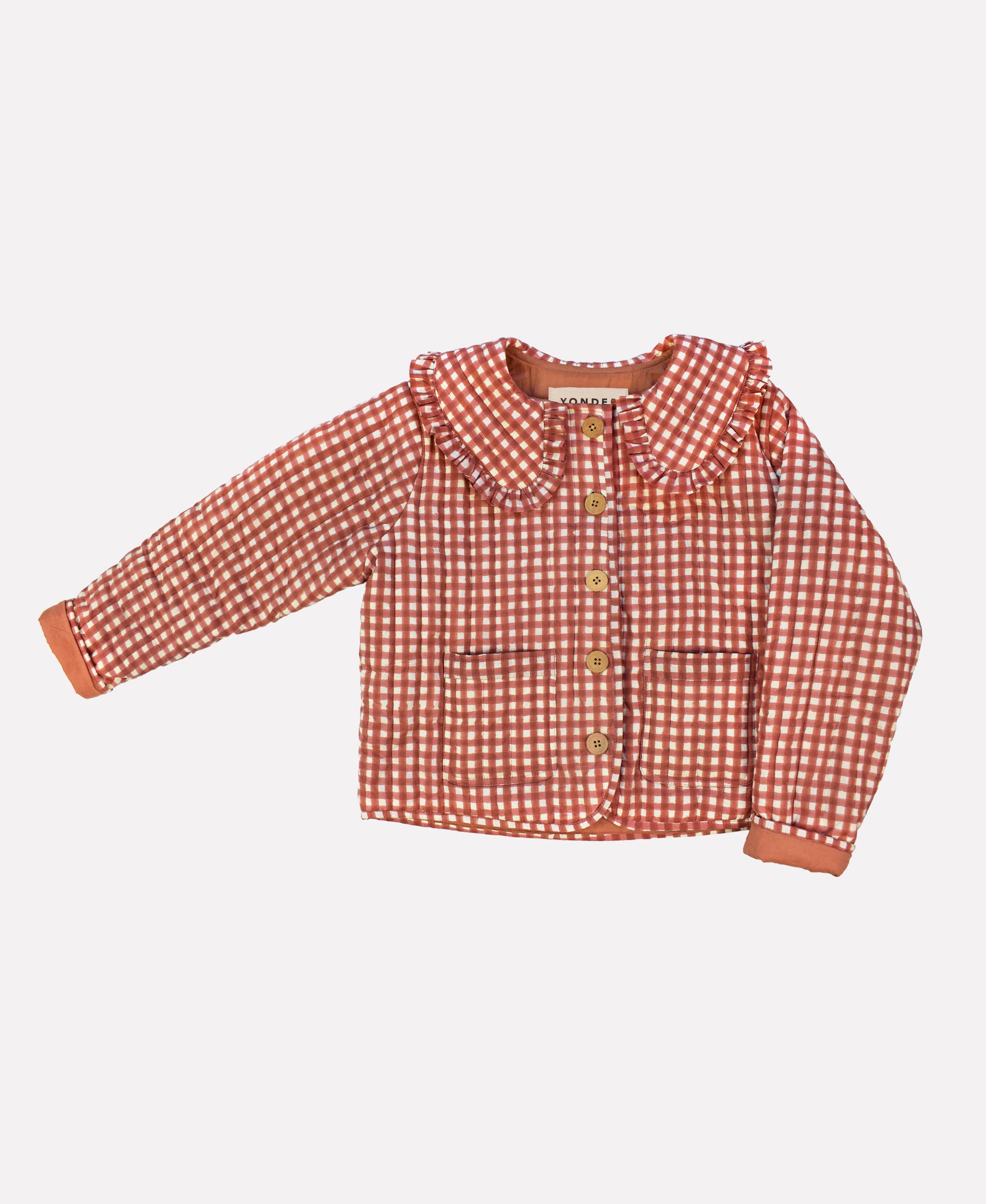 Cotton quilted jacket printed with red gingham pattern and frill collar
