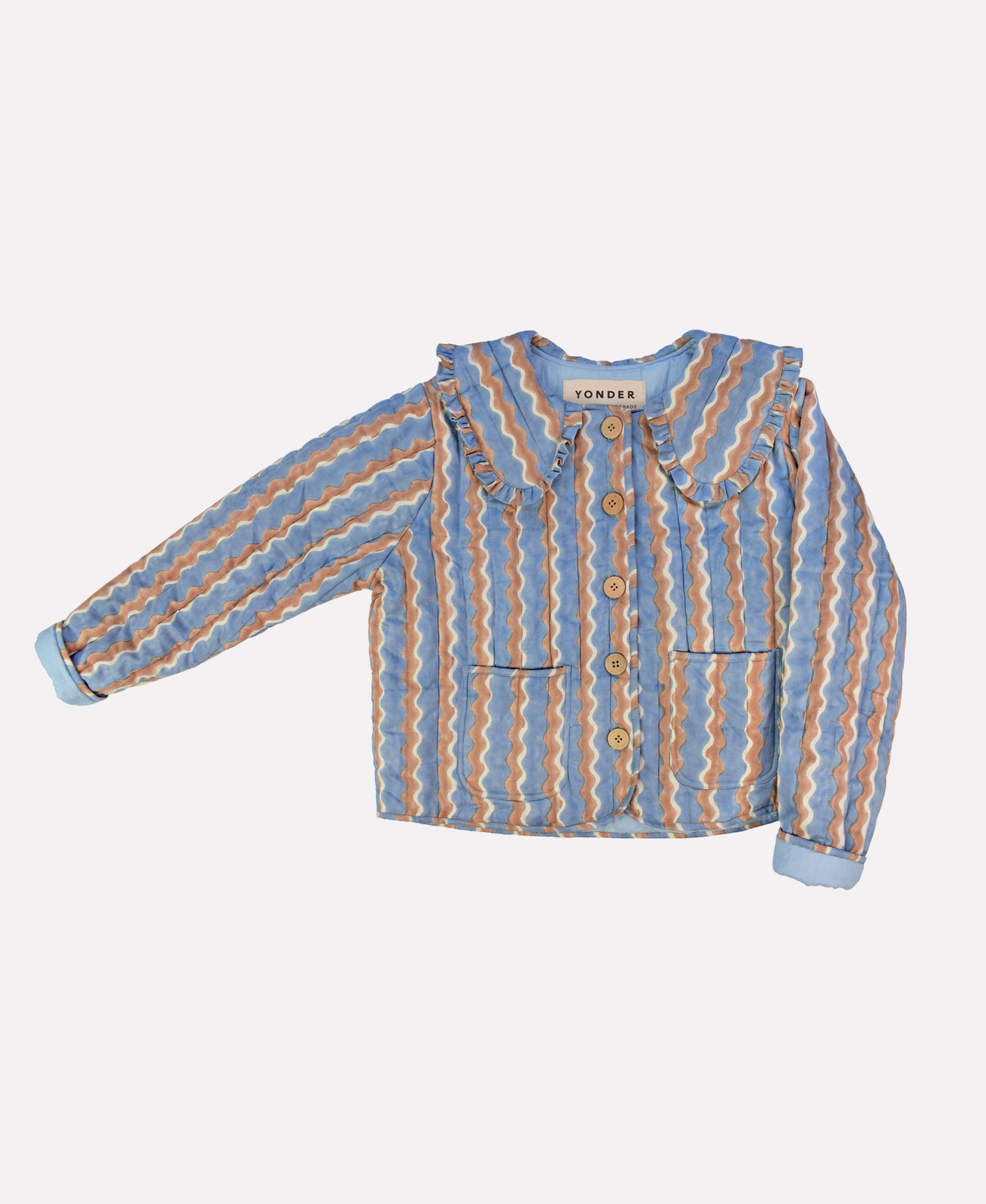 Cotton quilted jacket printed with blue and brown striped wave pattern and frill collar