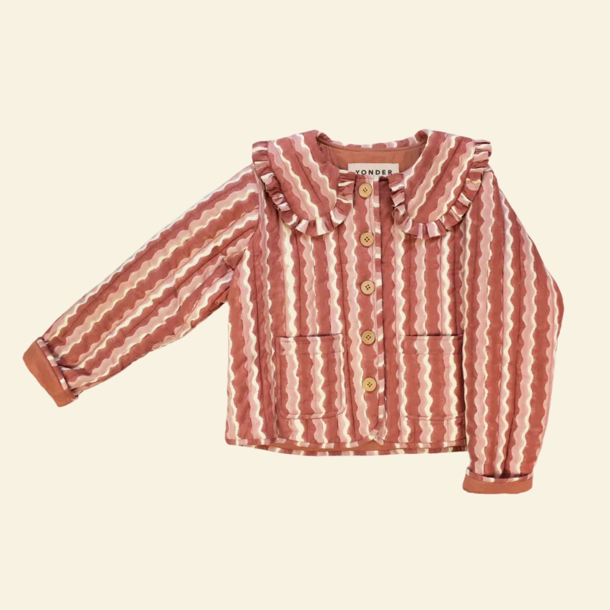 Cotton quilted jacket printed with pink striped wave pattern and frill collar