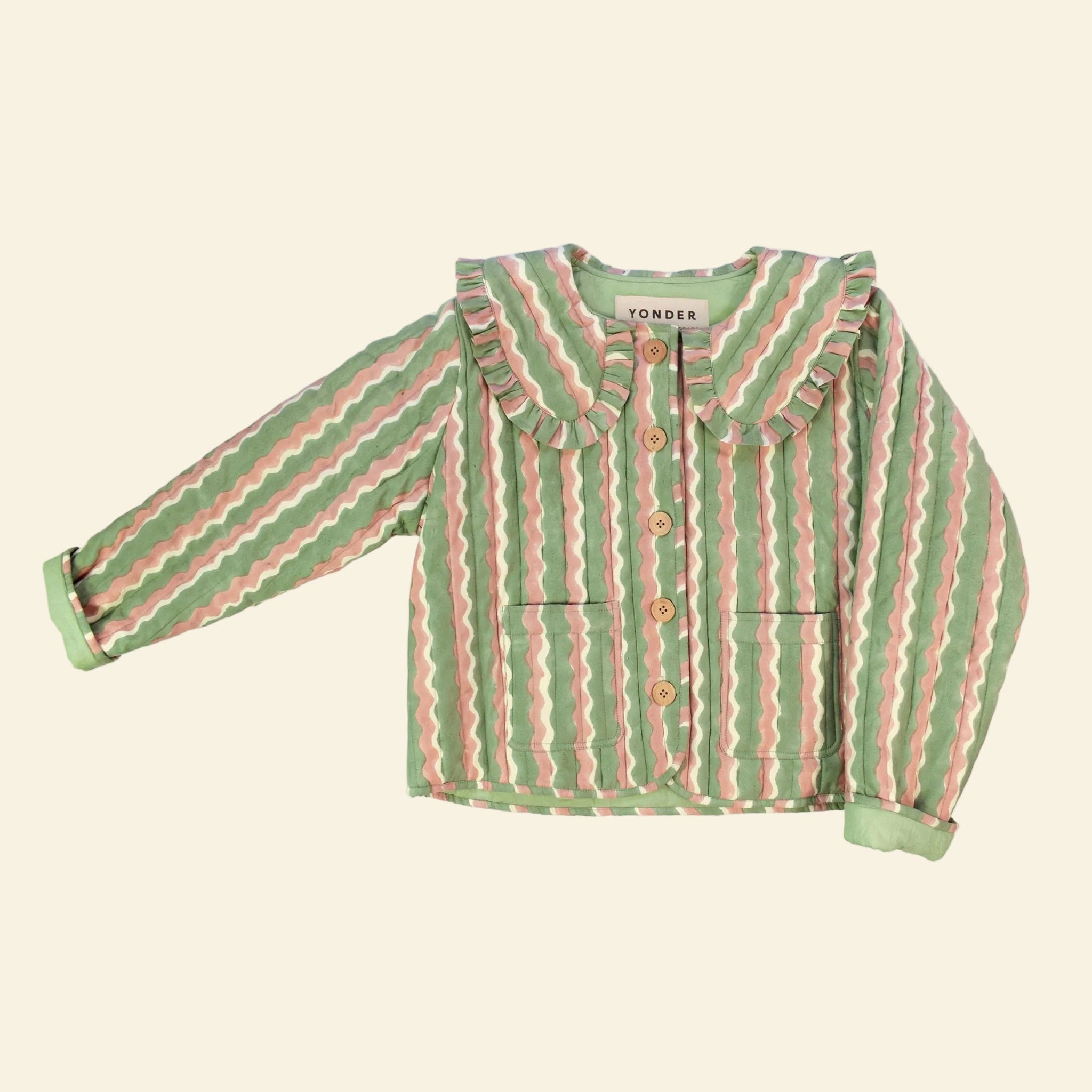 Cotton quilted jacket printed with mint green and pink striped wave pattern and frill collar
