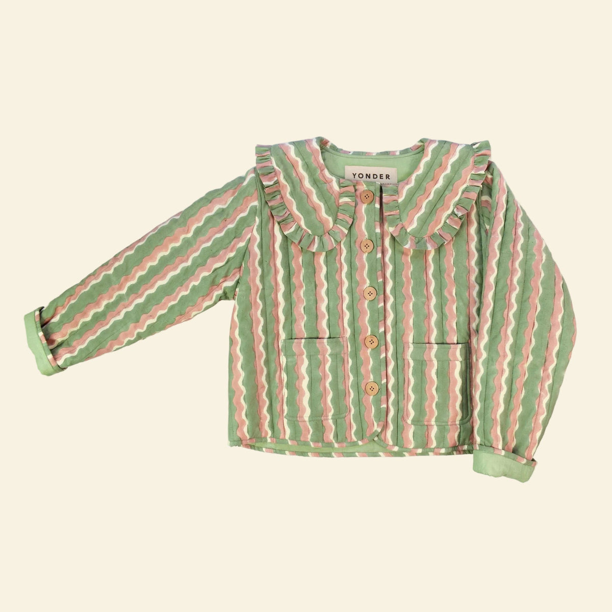 Cotton quilted jacket printed with mint green and pink striped wave pattern and frill collar