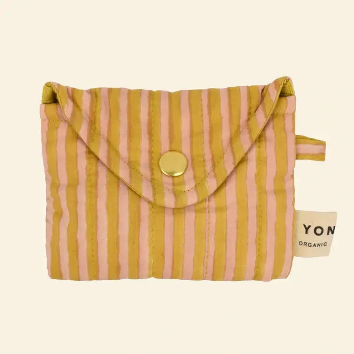 Cotton quilted small popper purse printed with yellow and pink striped pattern