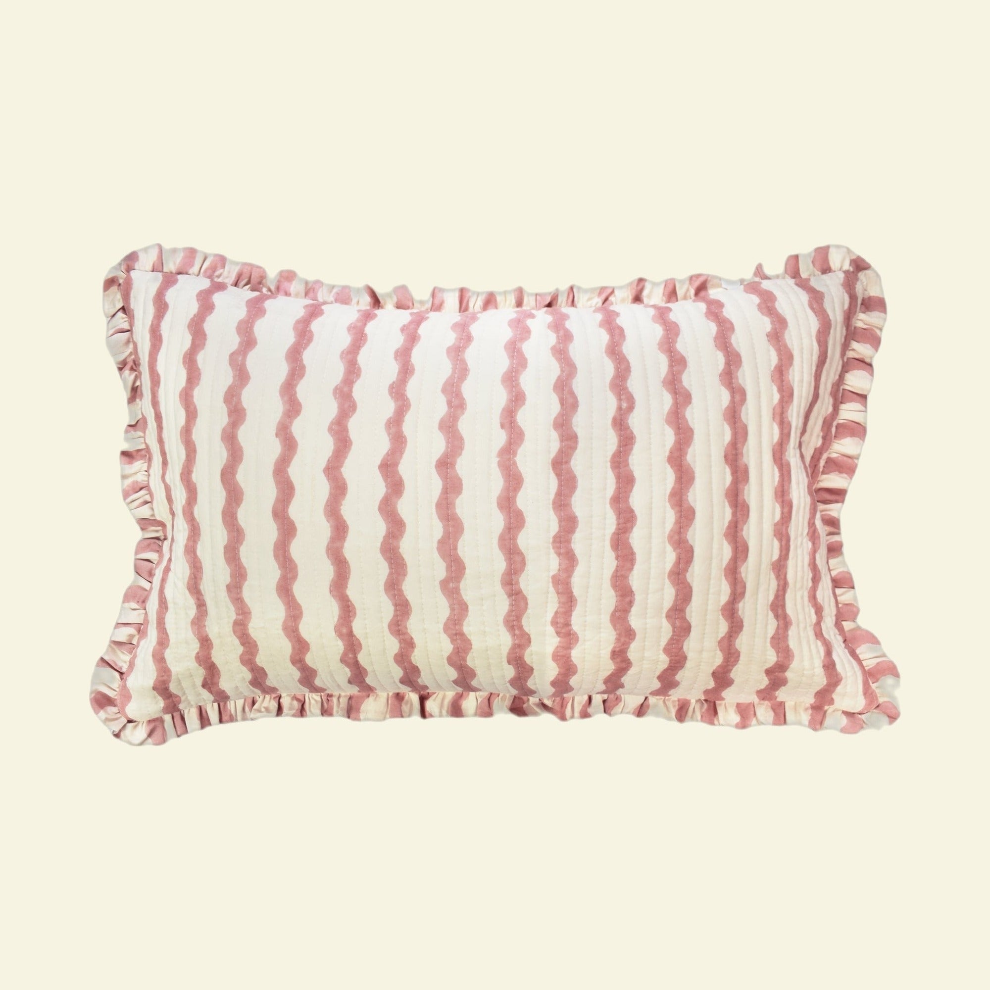 Yonder Living hand block-printed organic cotton quilted frill cushion in Ripple ice cream, soft rose ripples on ivory, small