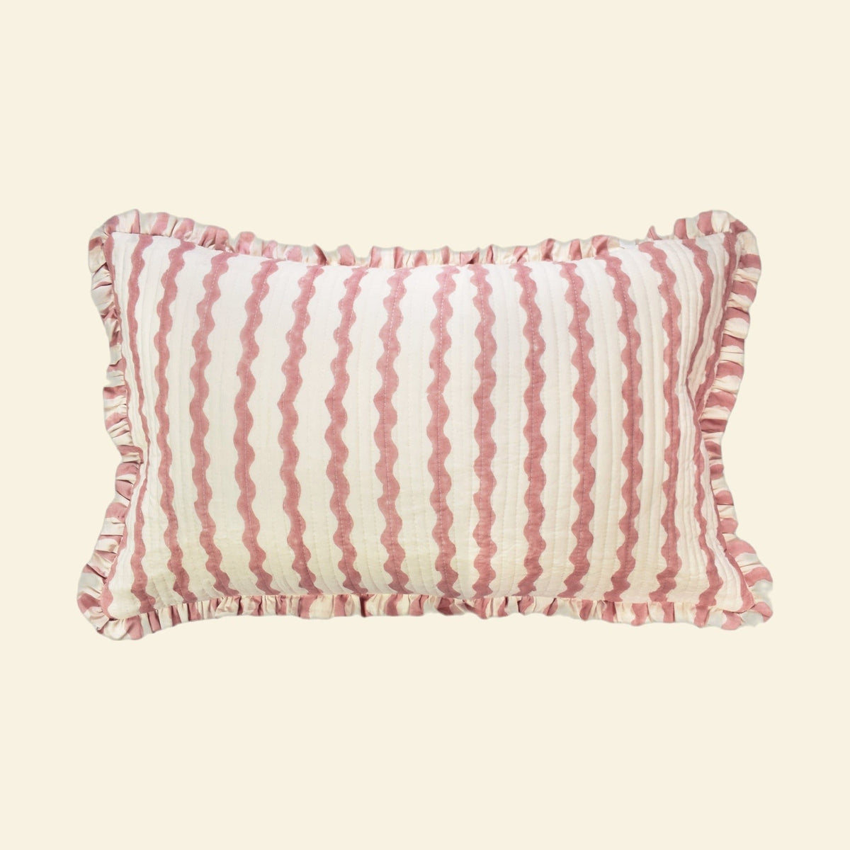 Yonder Living hand block-printed organic cotton quilted frill cushion in Ripple ice cream, soft rose ripples on ivory, small