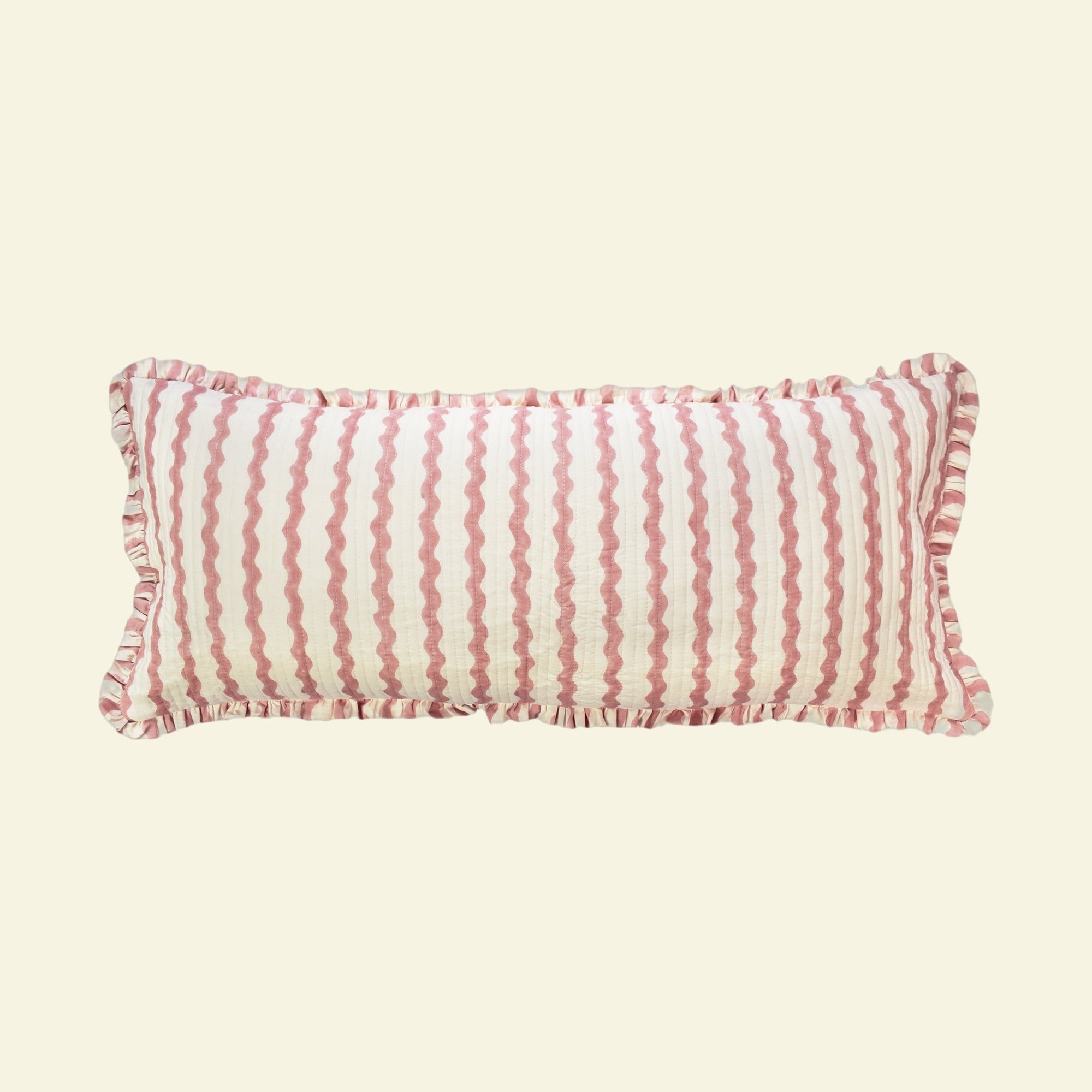 Yonder Living long bolster quilted frill cushion in Ripple ice cream block print, soft rose ripples on ivory, hand-printed in Jaipur