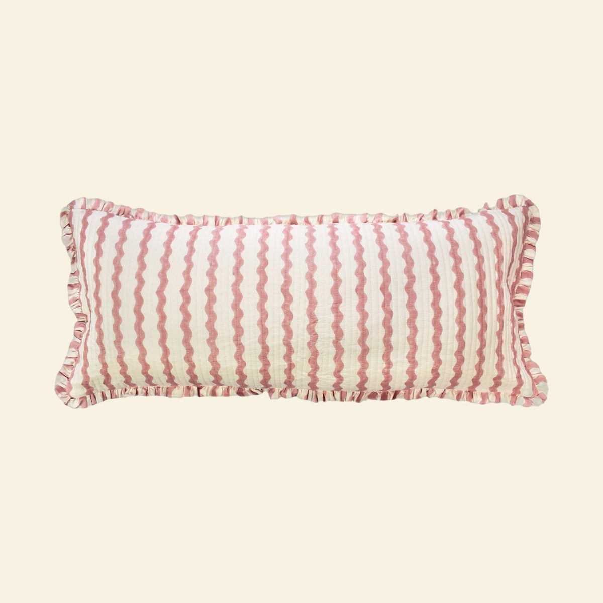 Yonder Living long bolster quilted frill cushion in Ripple ice cream block print, soft rose ripples on ivory, hand-printed in Jaipur