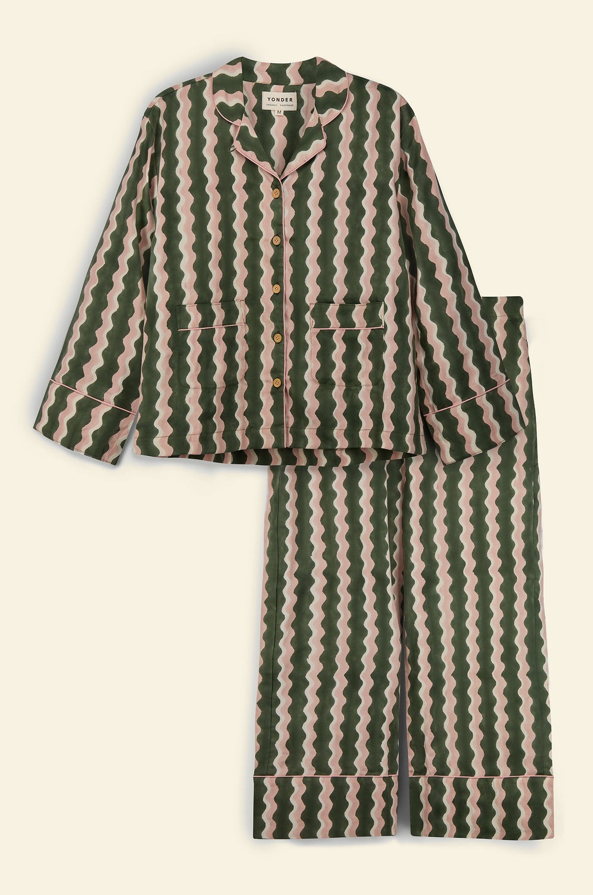 Cotton kids’ pajama set printed with dark green and pink striped wave pattern