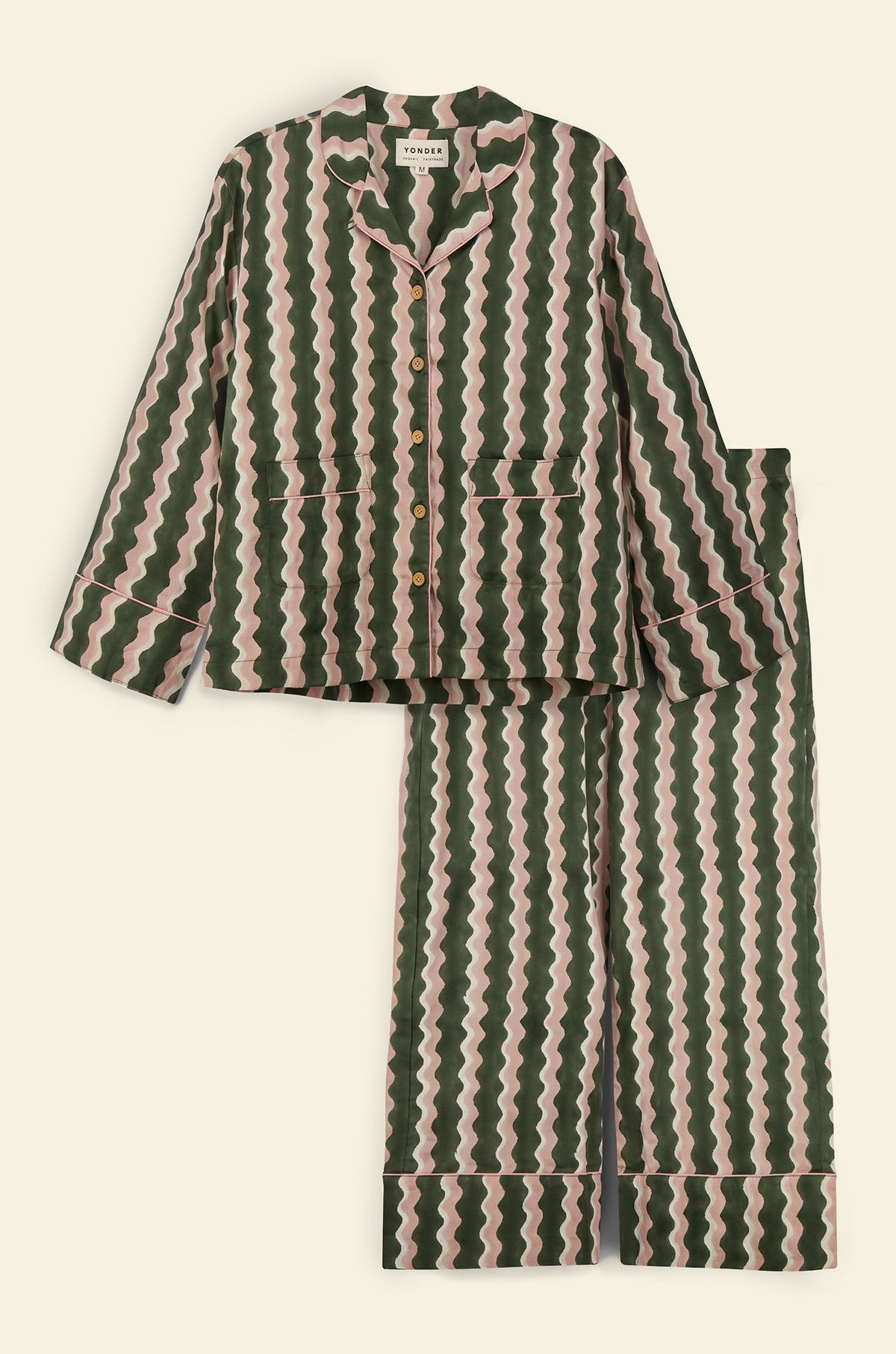 Cotton women’s pajama set printed with dark green and pink striped wave pattern