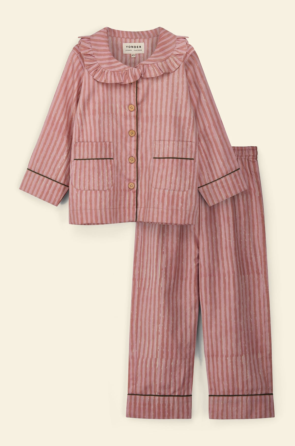Cotton kids’ pajama set printed with pink striped pattern and frill collar