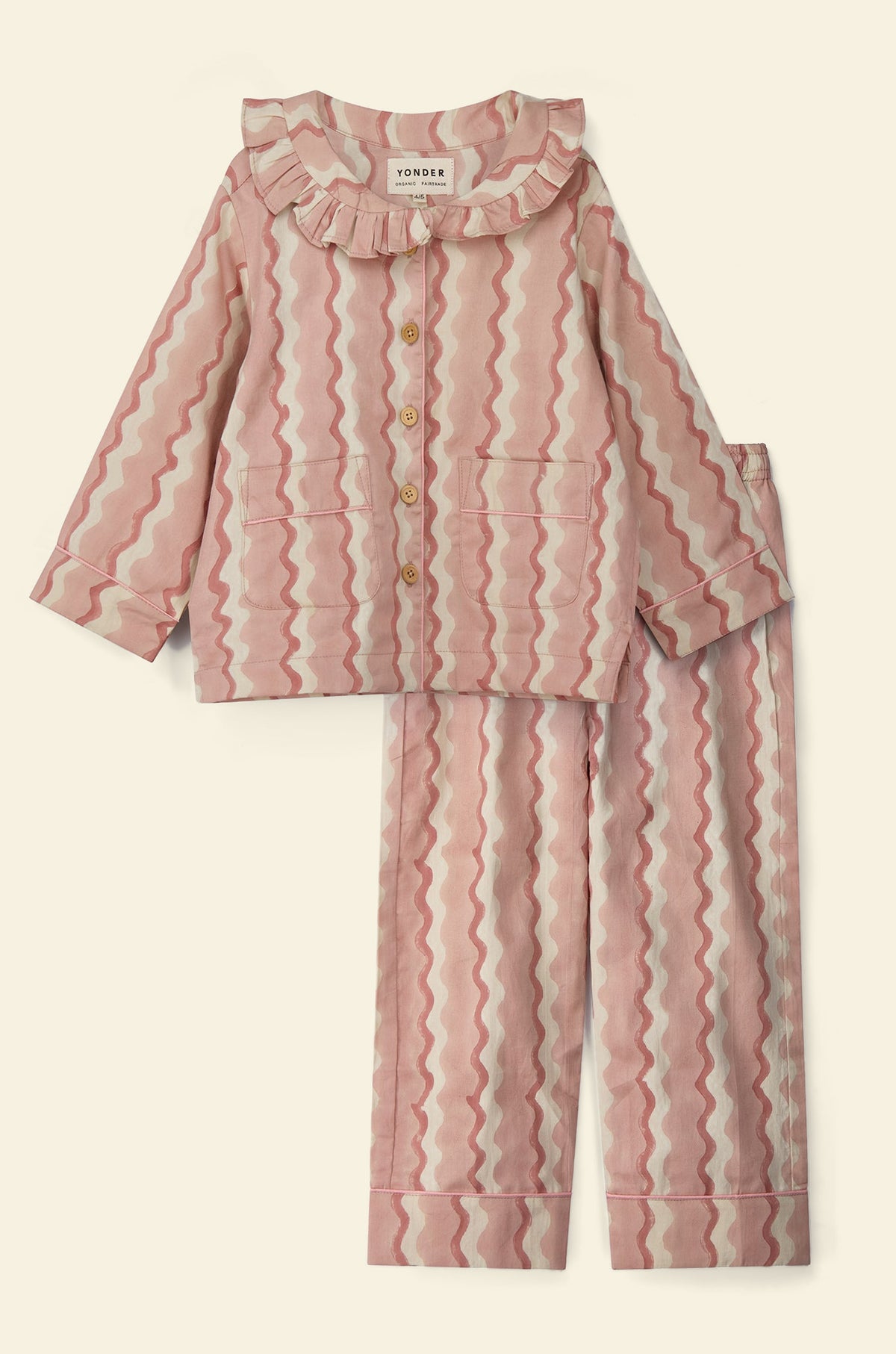 Cotton kids’ pajama set printed with pink striped wave pattern and frill collar