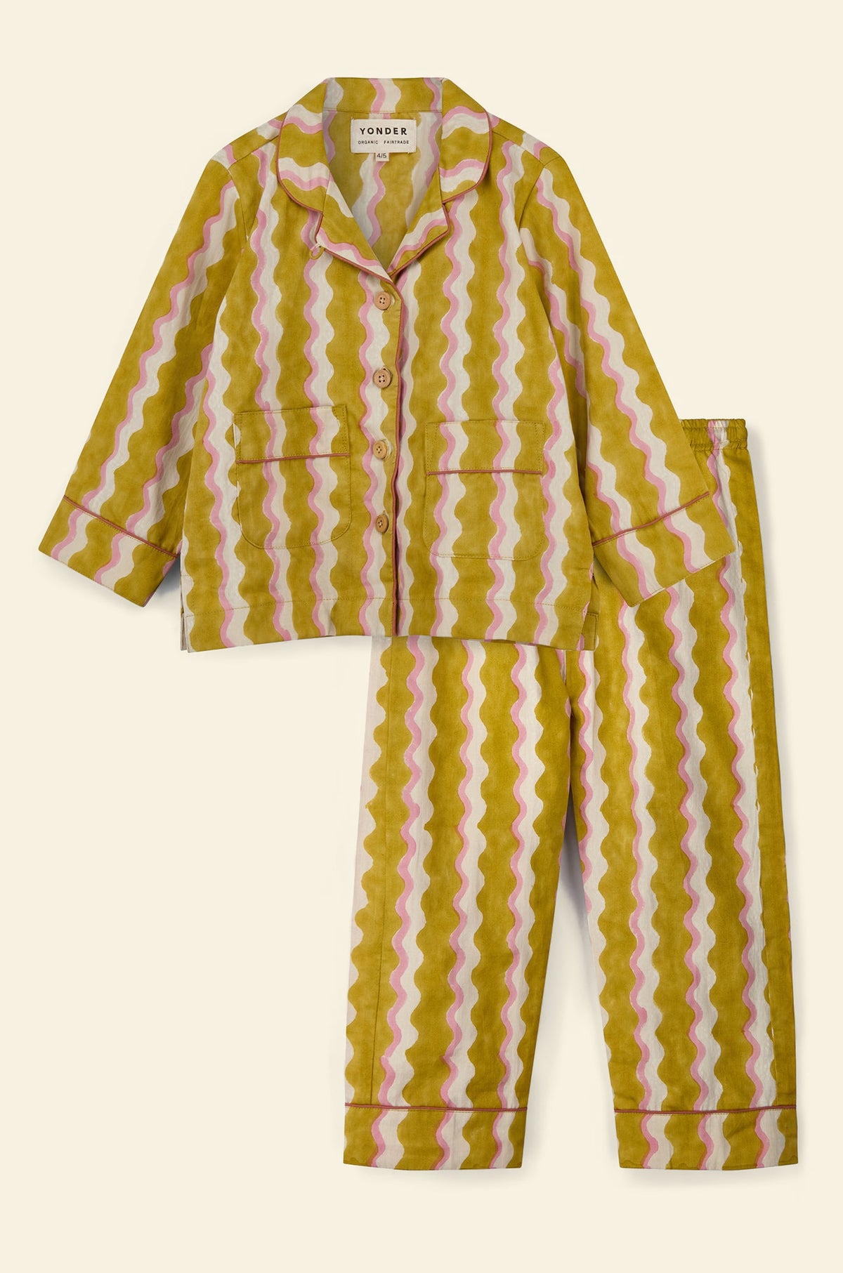 Cotton kids’ pajama set printed with yellow and white striped wave pattern