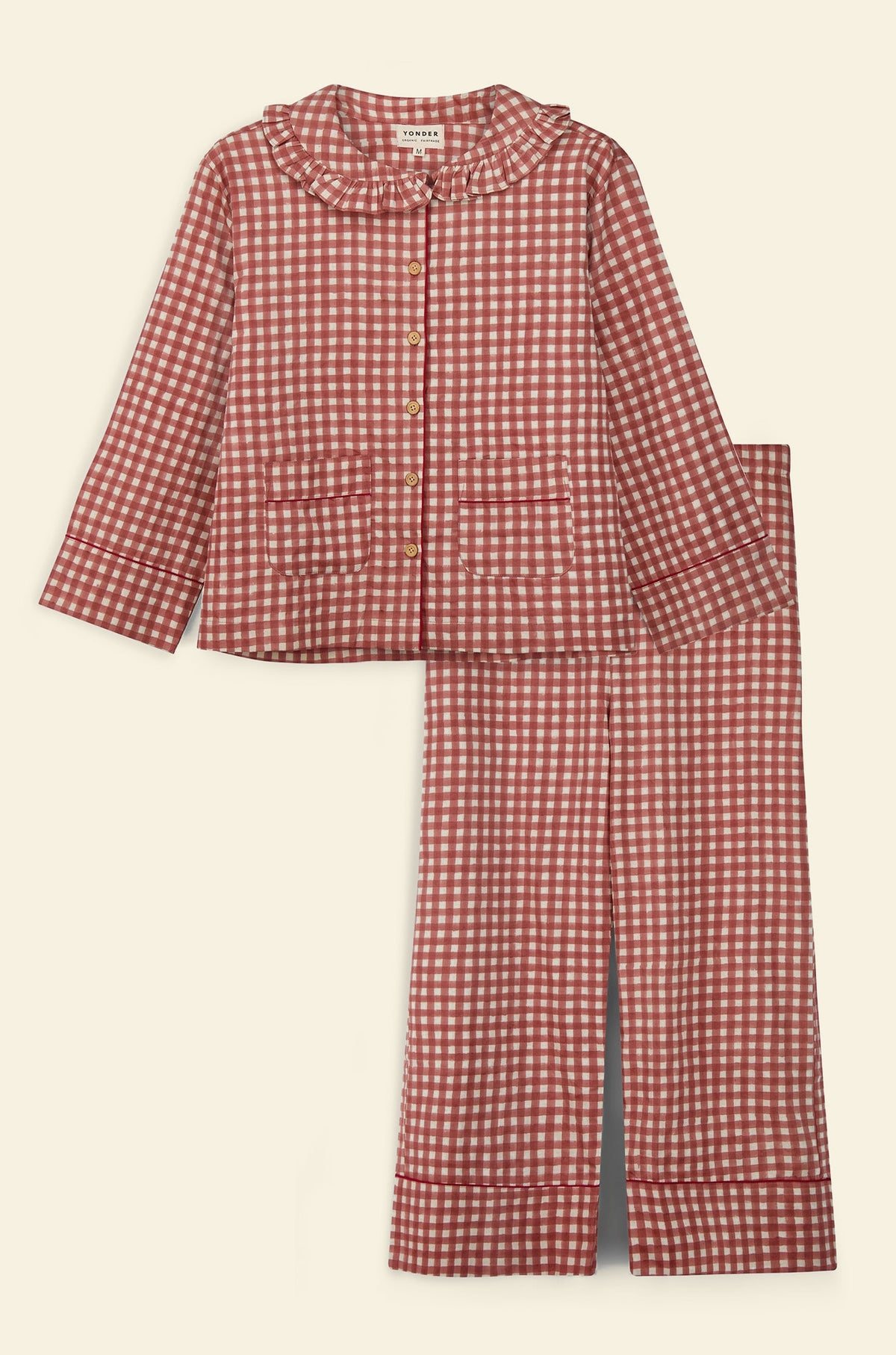 Cotton women’s pajama set printed with red gingham pattern and frill collar