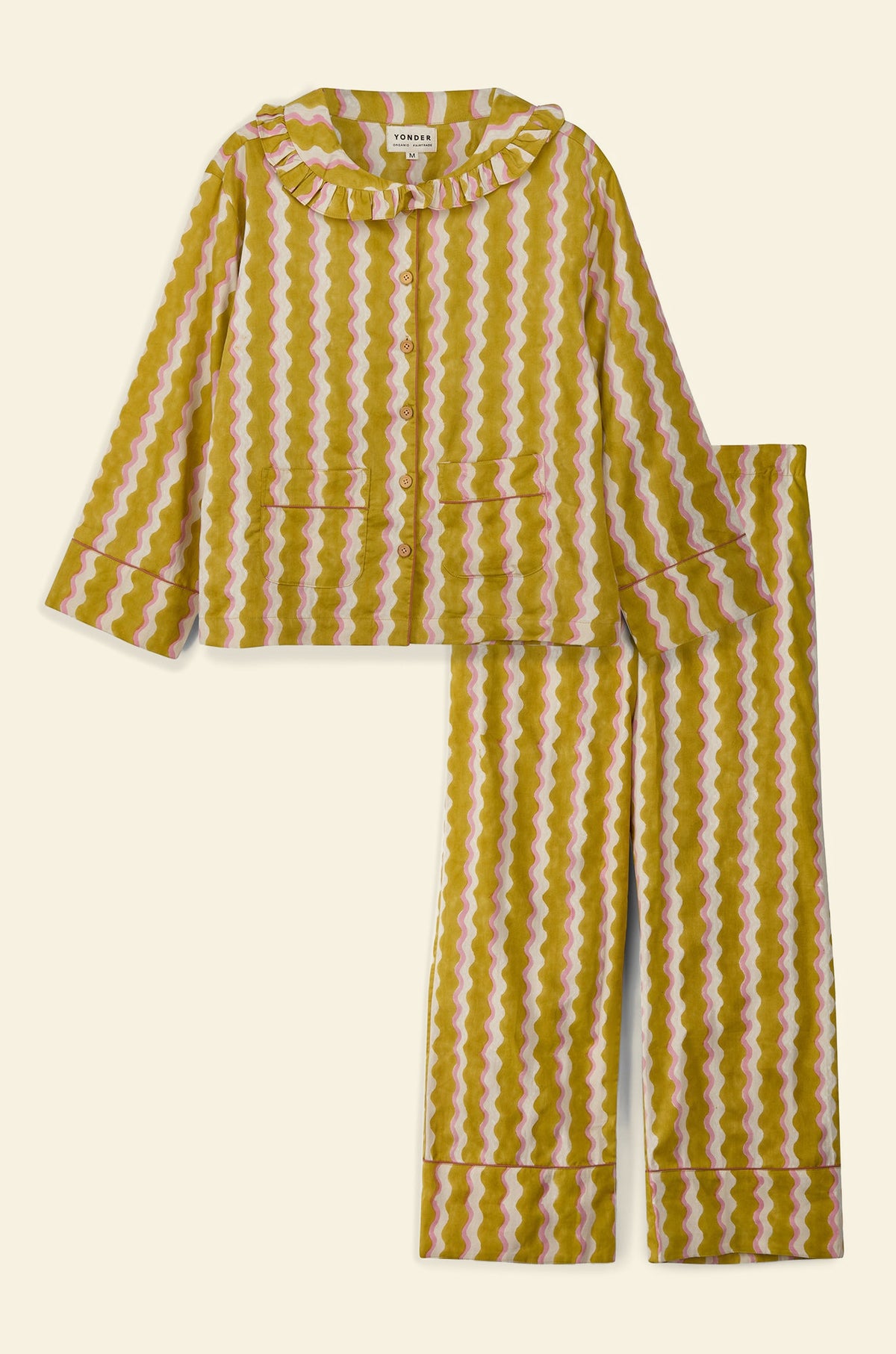 Cotton women’s pajama set printed with yellow and white striped wave pattern and frill collar
