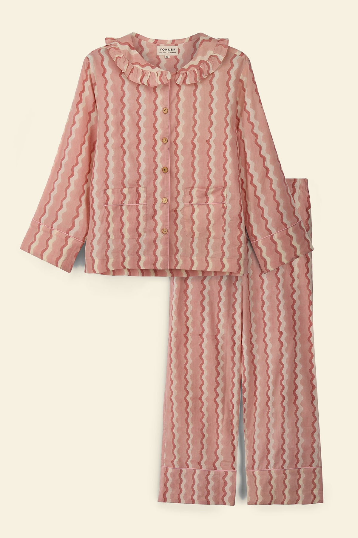 Cotton women’s pajama set printed with pink striped wave pattern and frill collar