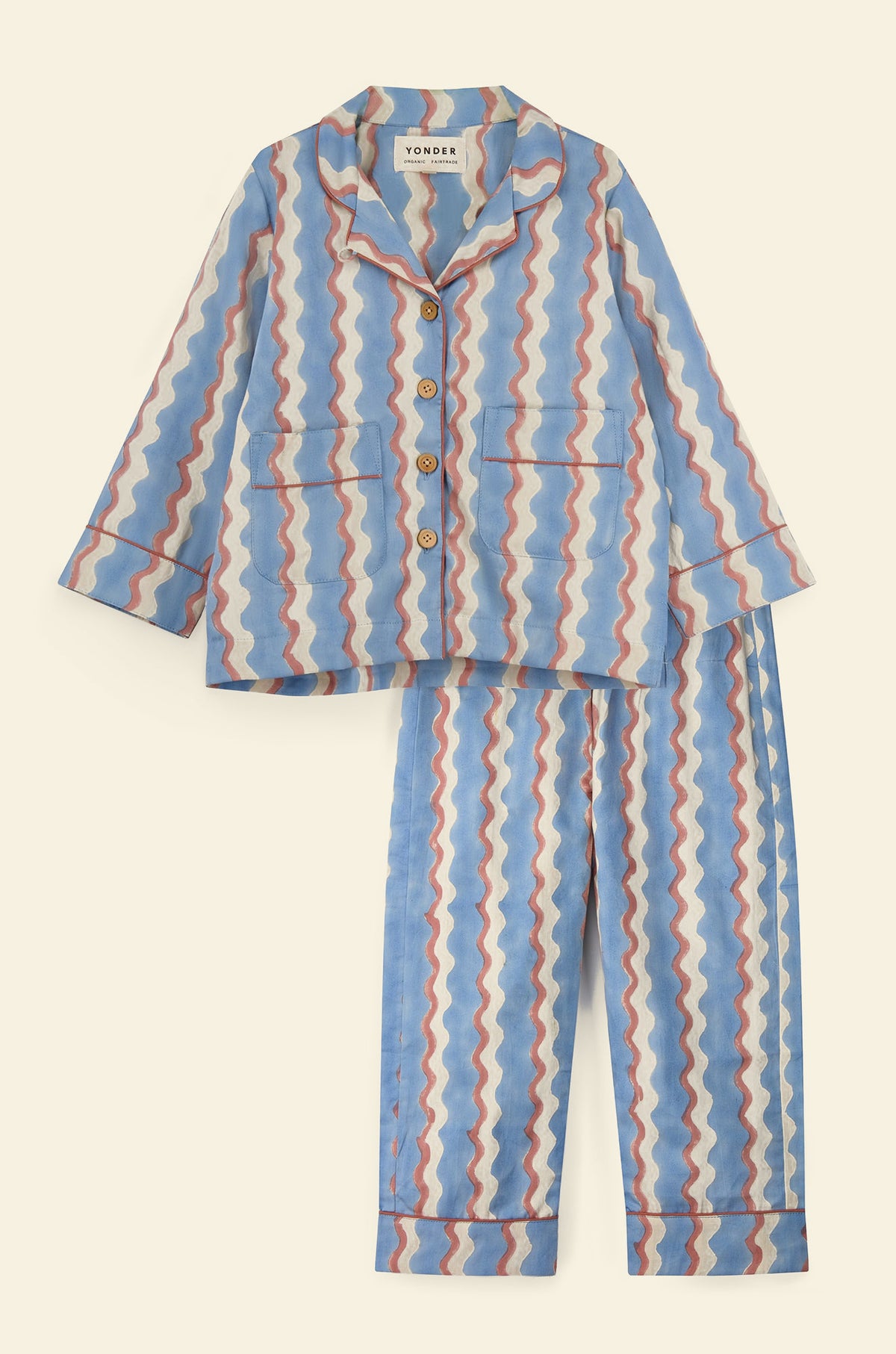Cotton kids’ pajama set printed with blue and white striped wave pattern