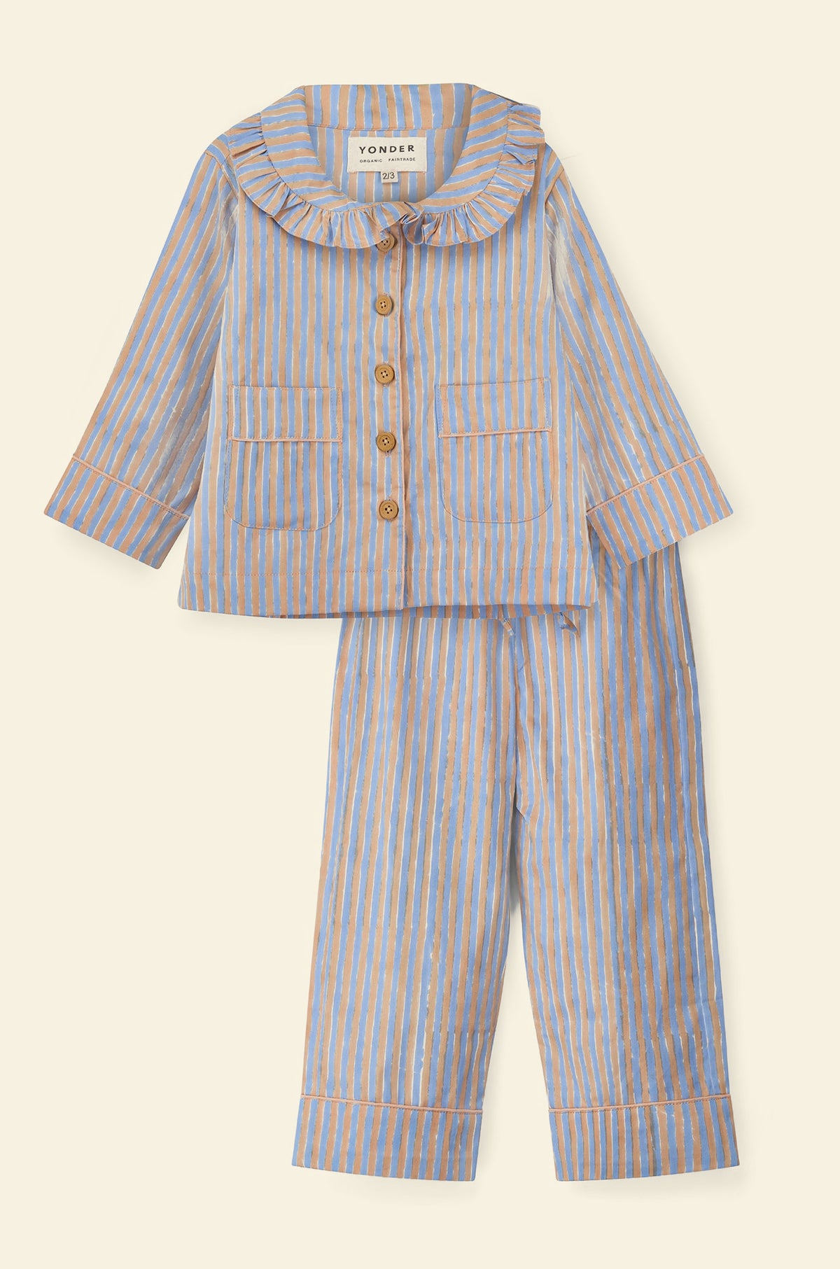 Cotton kids’ pajama set printed with blue and yellow striped pattern and frill collar