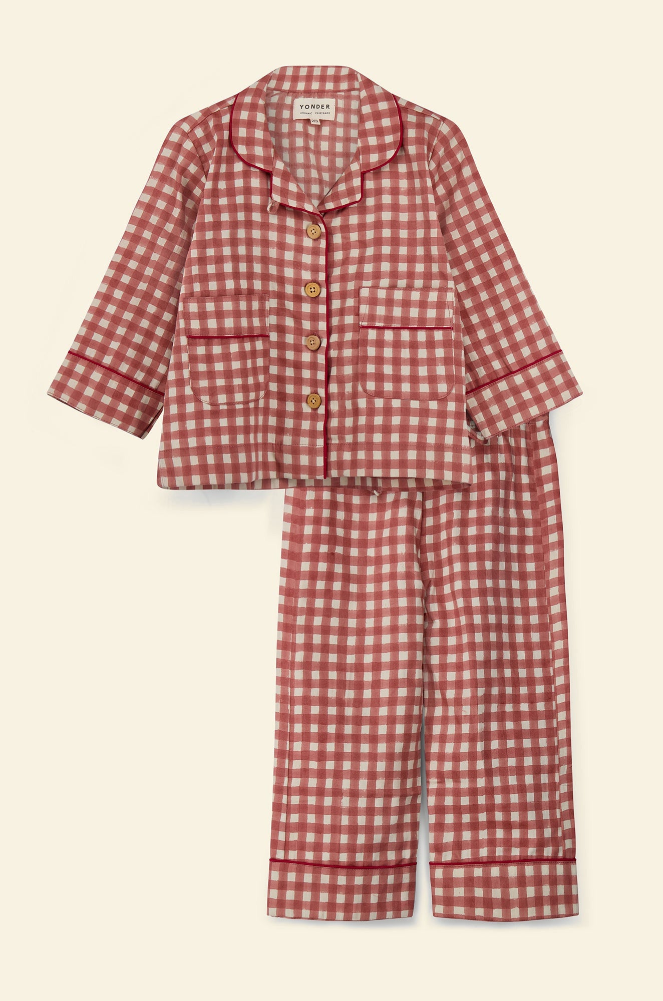 Cotton kids’ pajama set printed with red gingham pattern