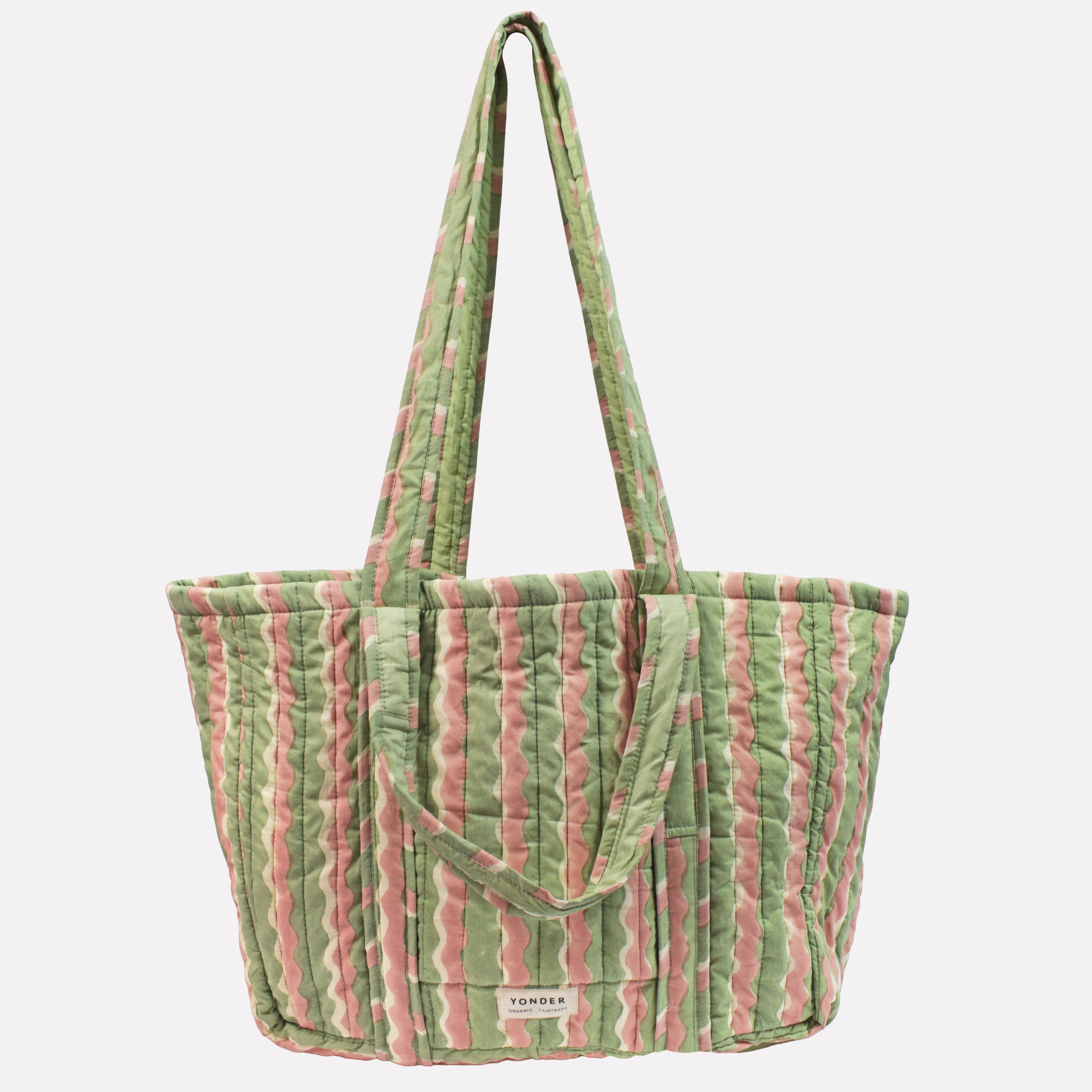 Cotton quilted carry all/tote bag printed with green and pink striped wave pattern