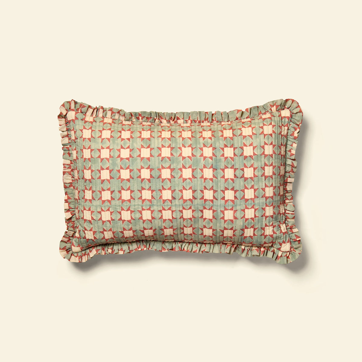 Yonder cotton quilted frill cushion in carousel cloud, hand block-printed in Jaipur