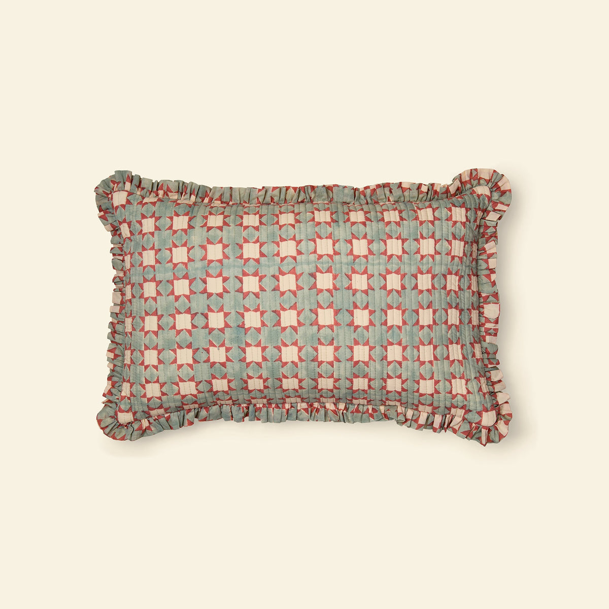 Yonder cotton quilted frill cushion in carousel cloud, hand block-printed in Jaipur