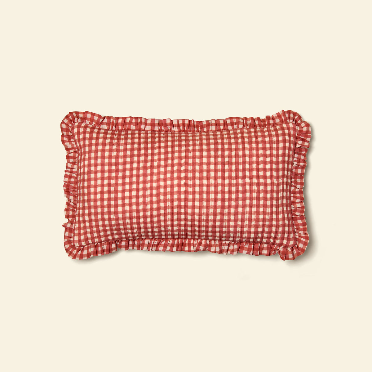 Yonder cotton quilted frill cushion in gingham ginger, hand block-printed in Jaipur