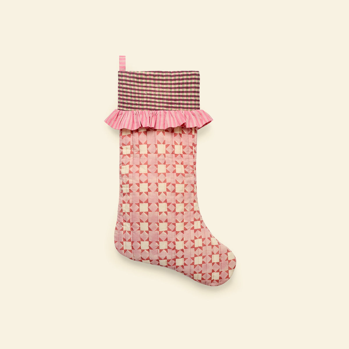 Yonder quilted christmas stocking in carousel floss, hand block-printed in Jaipur