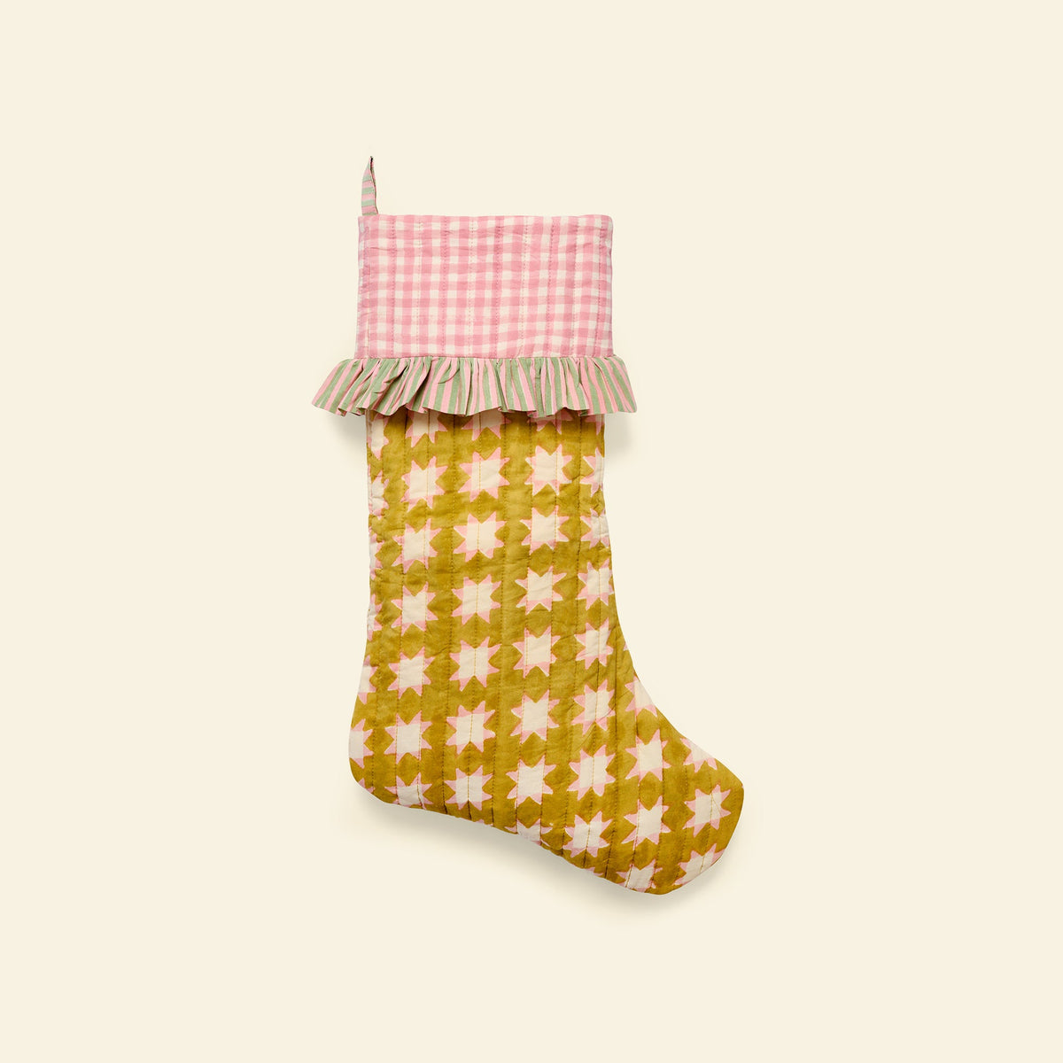 Yonder quilted christmas stocking in carousel honey, hand block-printed in Jaipur