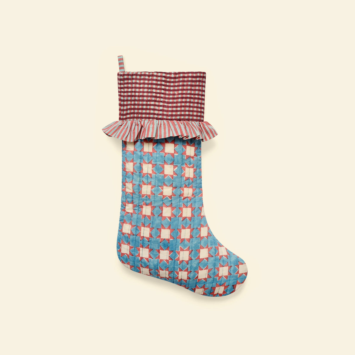 Yonder quilted christmas stocking in carousel sky, hand block-printed in Jaipur