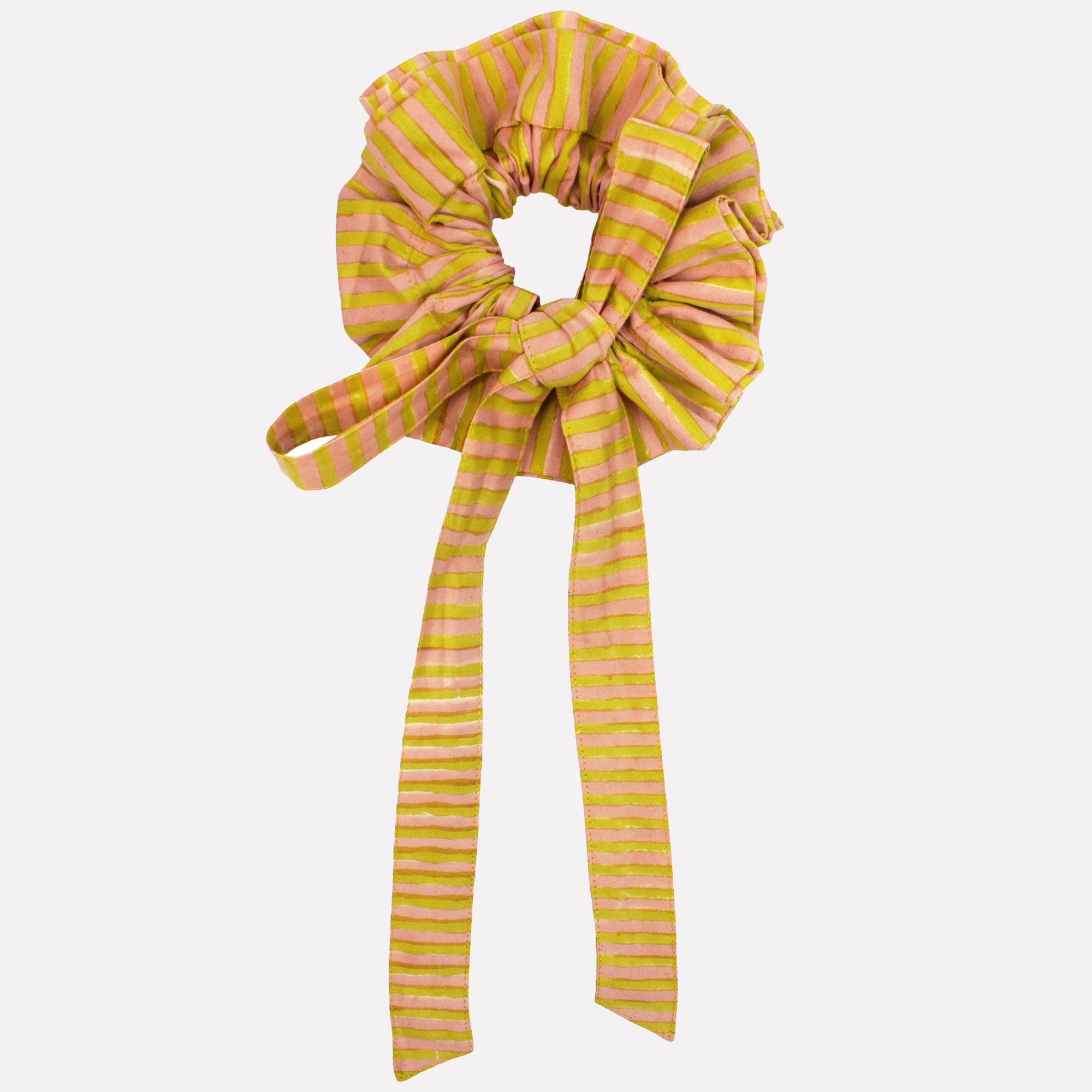 Cotton tie collar/scrunchie with ribbons printed with yellow and pink striped pattern