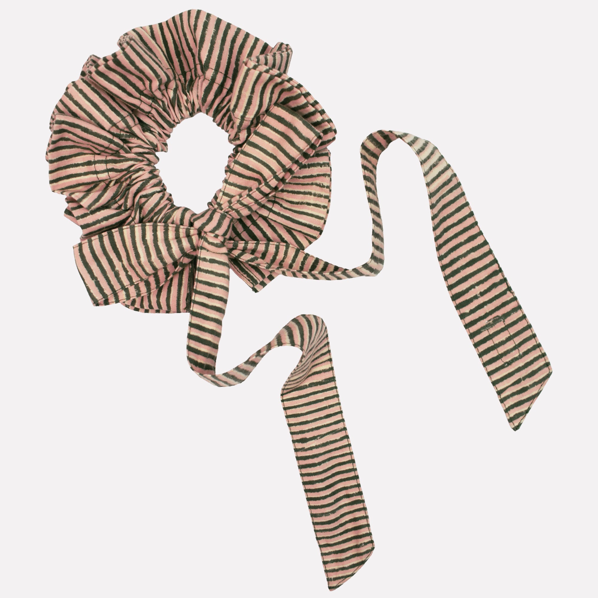 Cotton tie collar/scrunchie with ribbons printed with green and pink striped pattern