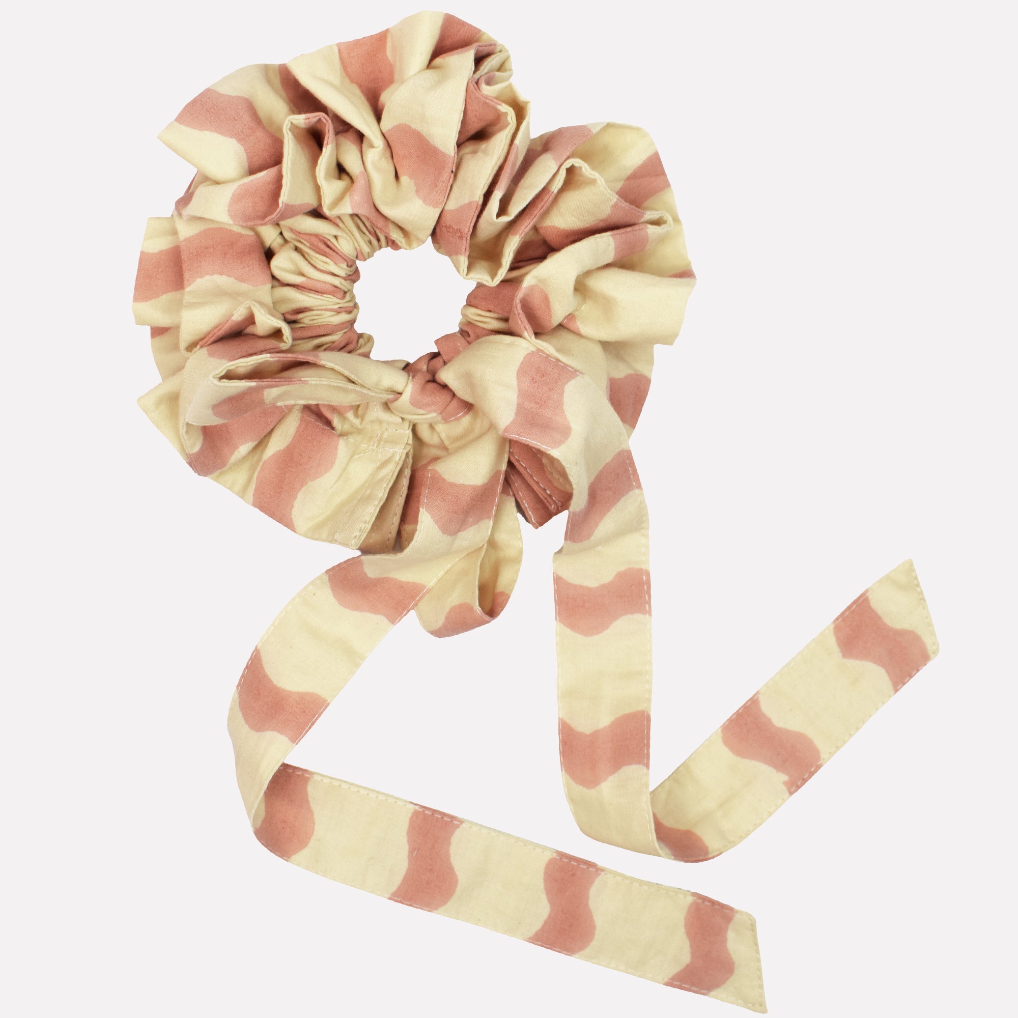Cotton tie collar/scrunchie with ribbons printed with pink and cream striped wave pattern