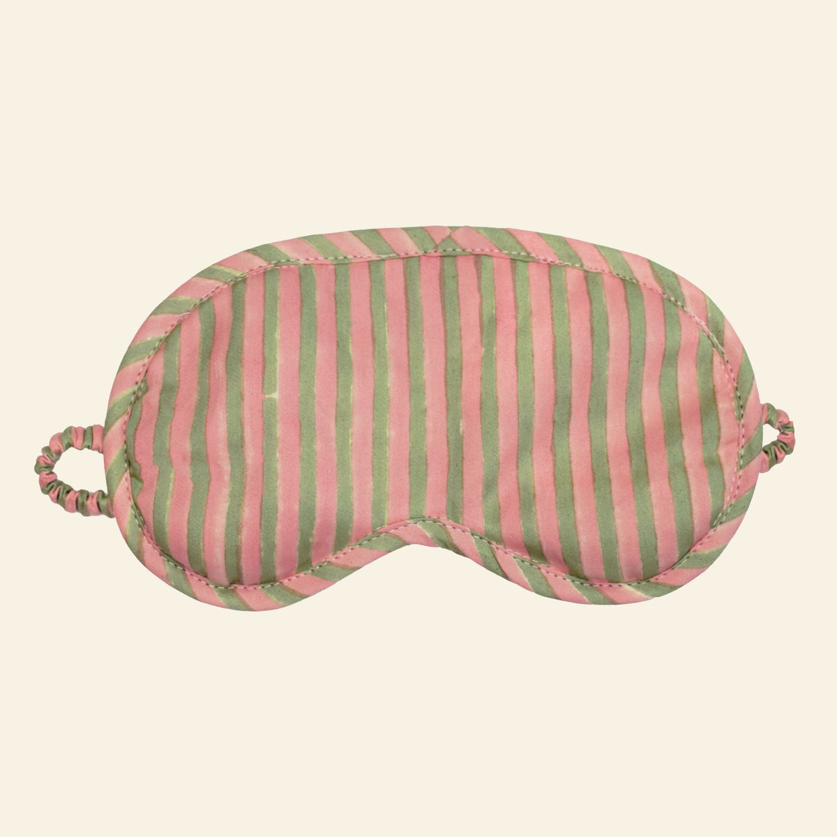 Yonder organic cotton eye mask in fresh green and pink Sugarsnap stripe, hand block-printed in Jaipur