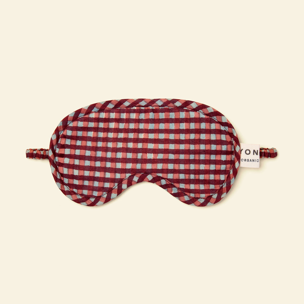 Yonder organic cotton eye mask in gingham sky, hand block-printed in Jaipur