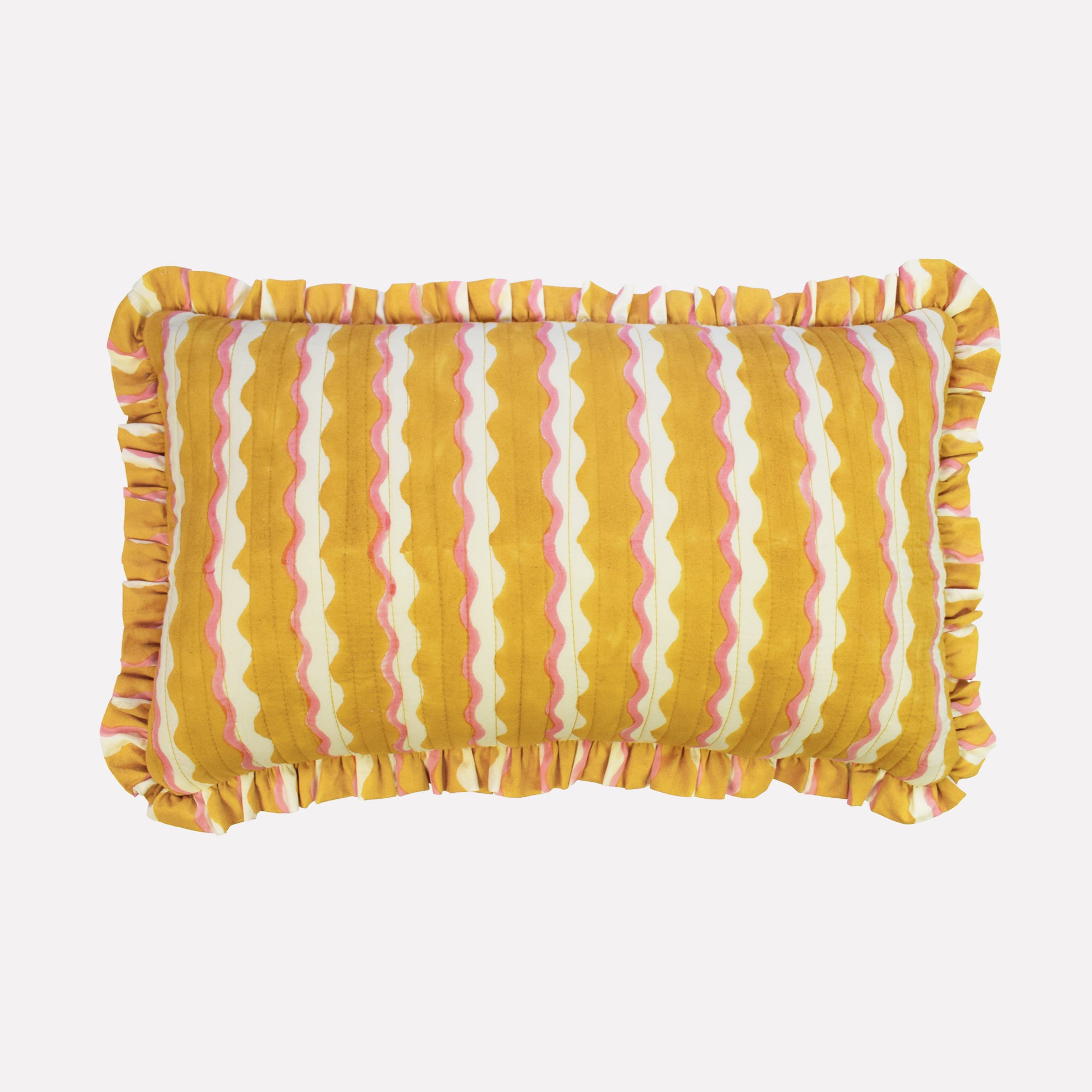 Small cotton quilted cushion printed with yellow and white striped wave pattern and frill border