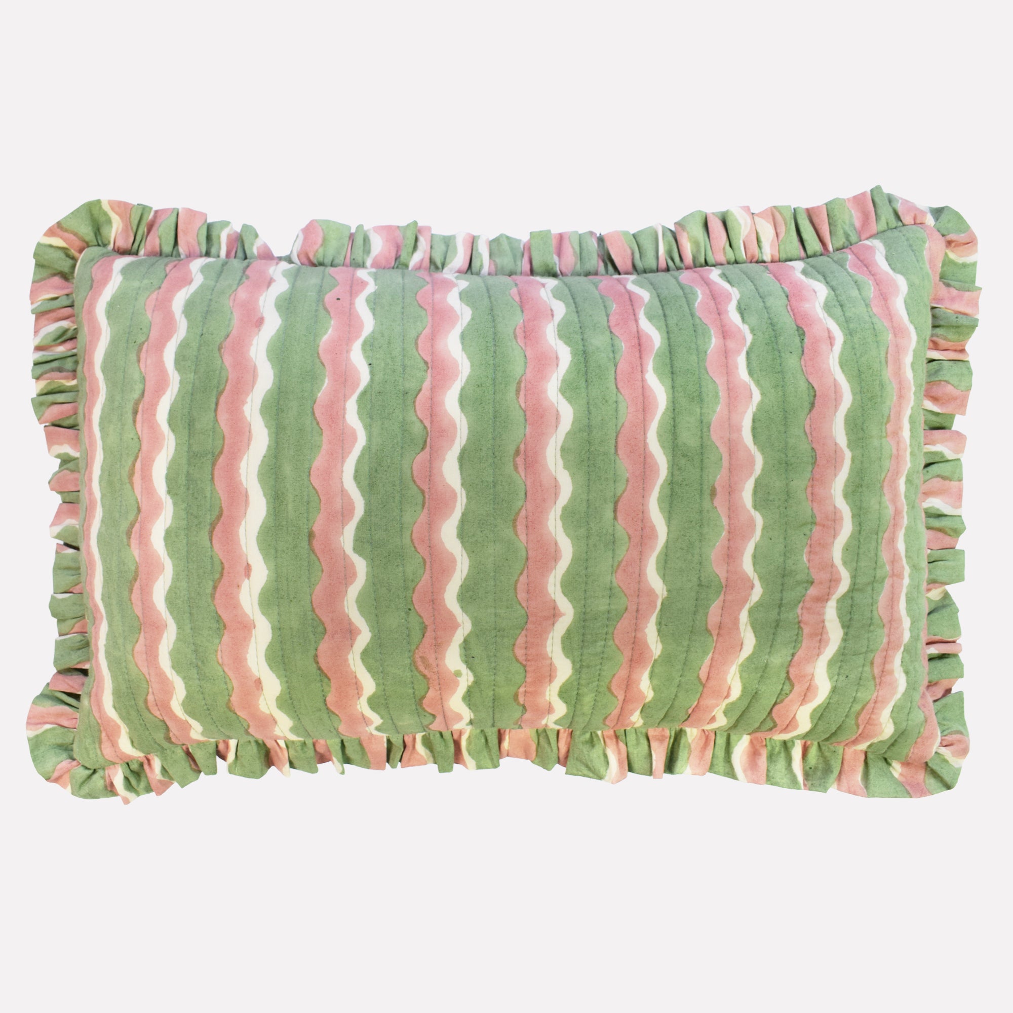Cotton quilted cushion printed with green and pink striped wave pattern and frill border