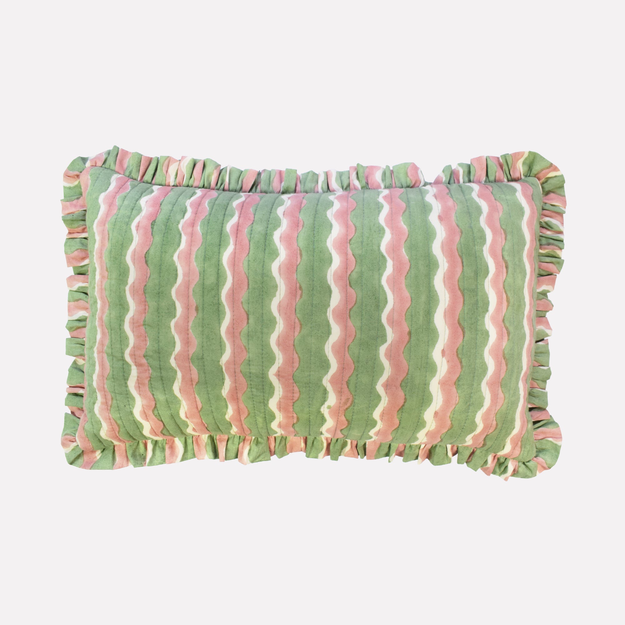 Small cotton quilted cushion printed with green and pink striped wave pattern and frill border