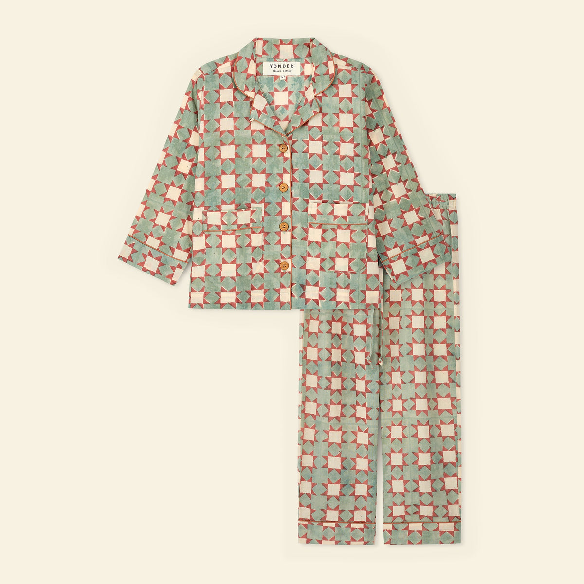 Yonder unisex kids' pyjama set in carousel cloud, hand block-printed in Jaipur