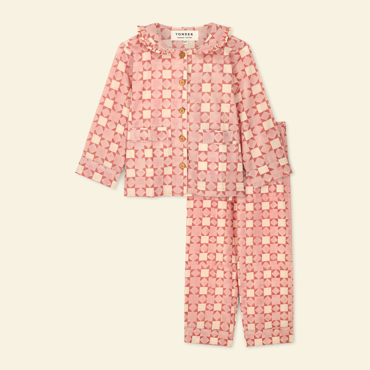 Yonder kids' frill pyjama set in carousel floss, hand block-printed in Jaipur