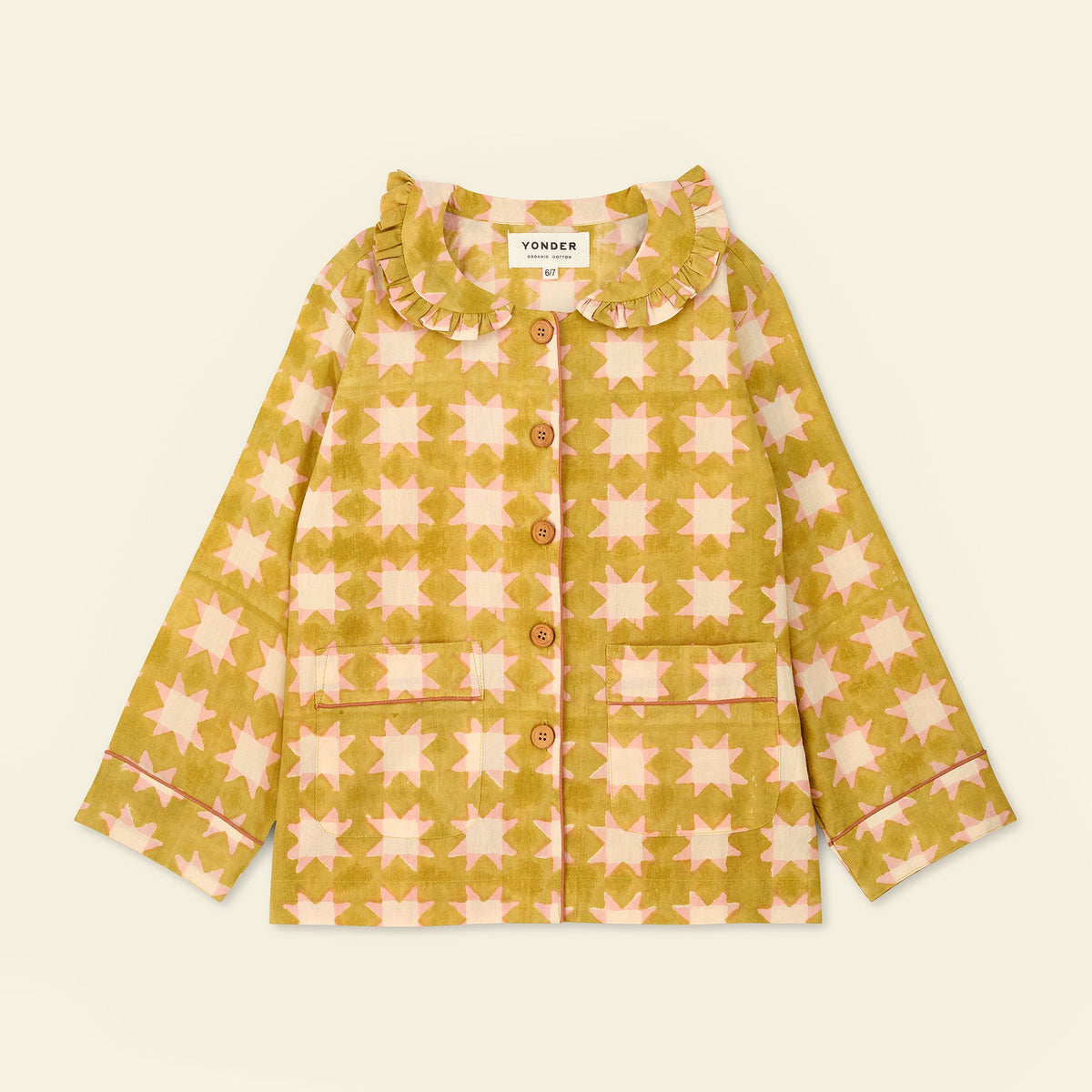 Yonder kids' frill pyjama set in carousel honey, hand block-printed in Jaipur