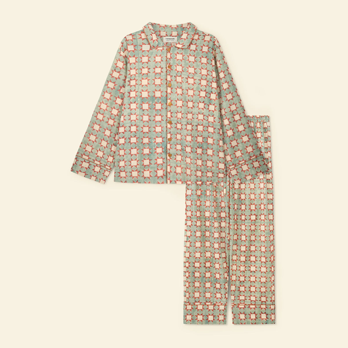 Yonder men's pyjama set in carousel cloud, hand block-printed in Jaipur