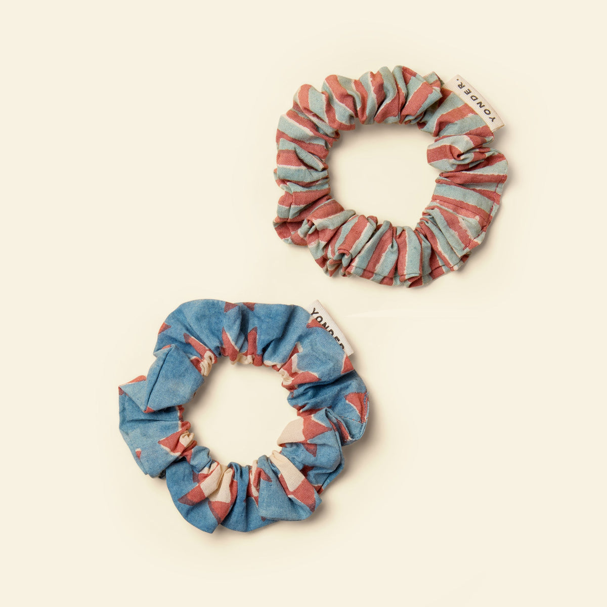 Yonder cotton mini scrunchie duo in candy stripe humbug, hand block-printed in Jaipur