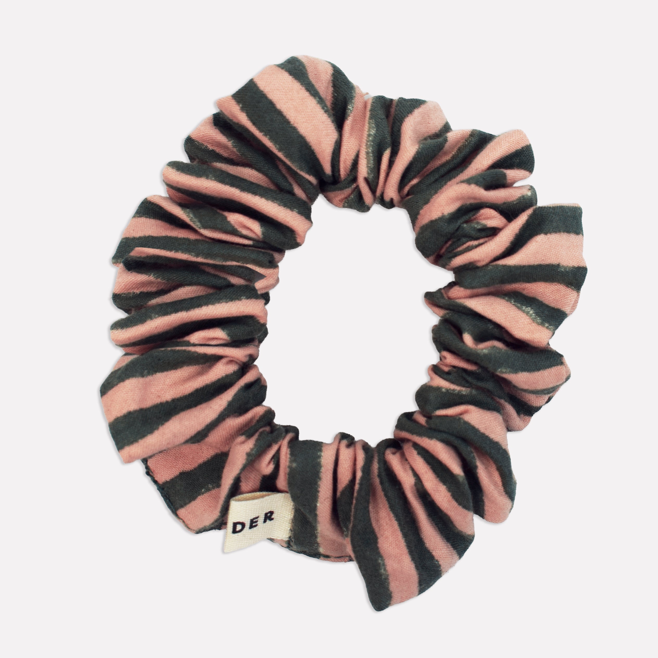 Cotton mini scrunchie printed with green and pink striped pattern