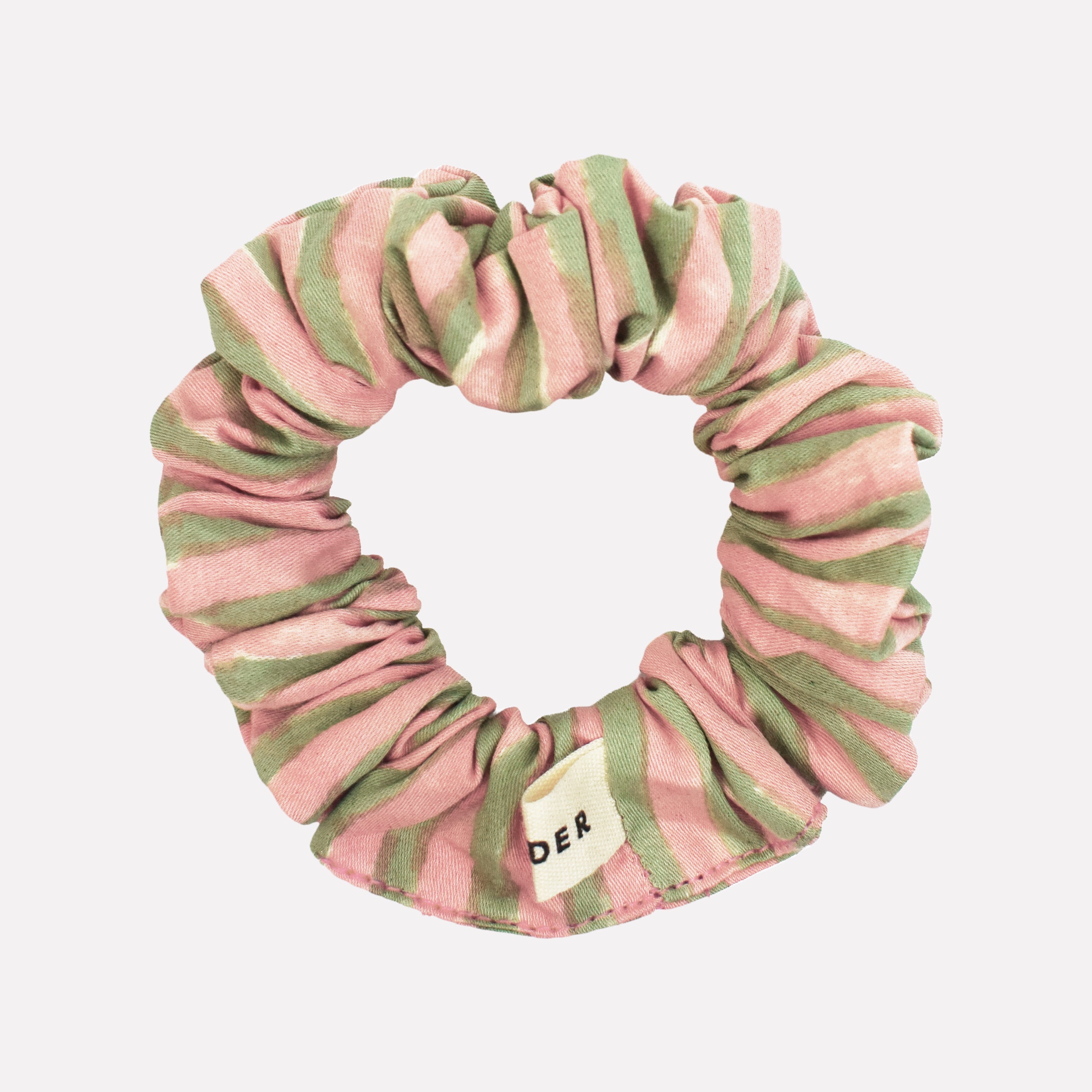 Cotton mini scrunchie printed with green and pink striped pattern