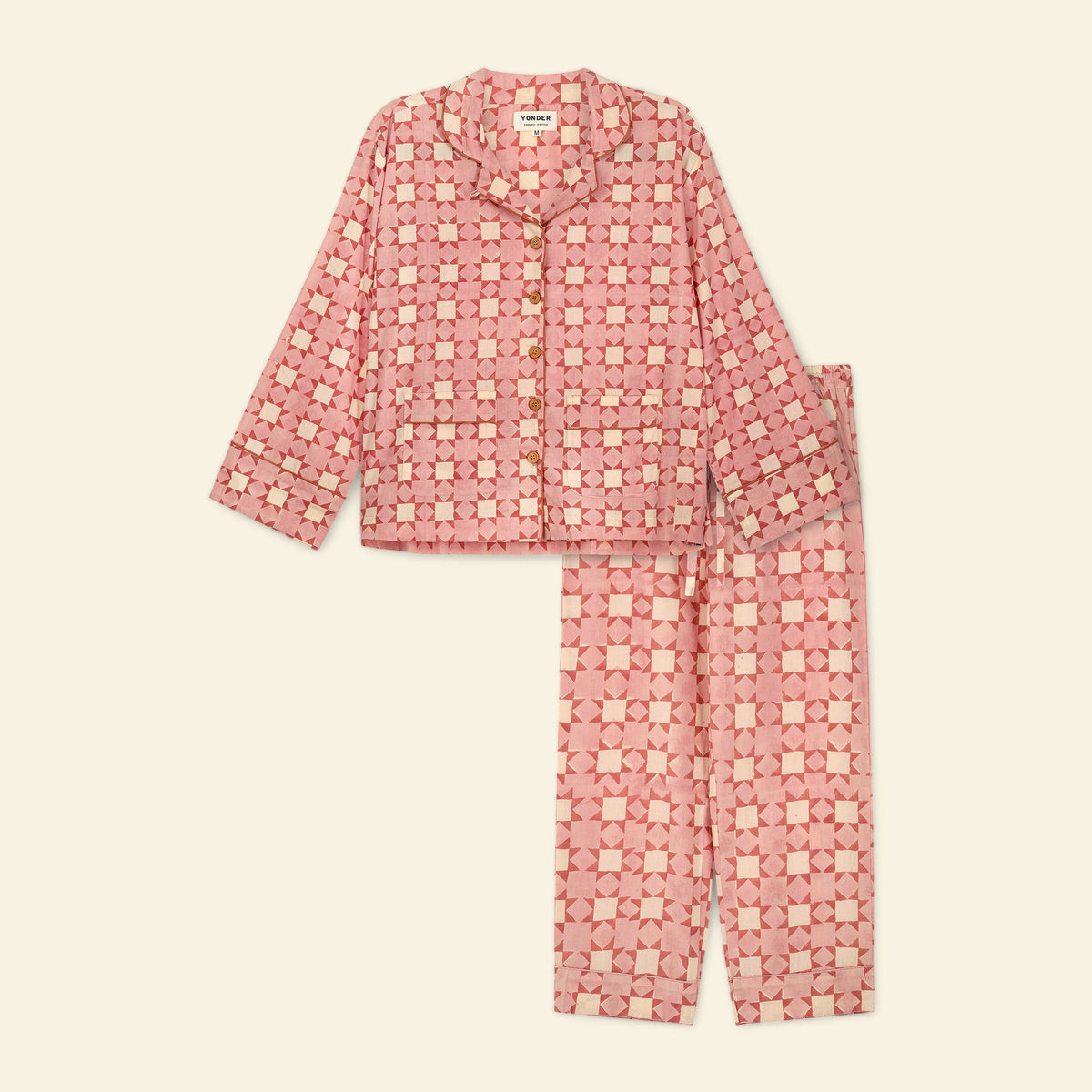 Yonder women's pyjama set in carousel floss, hand block-printed in Jaipur