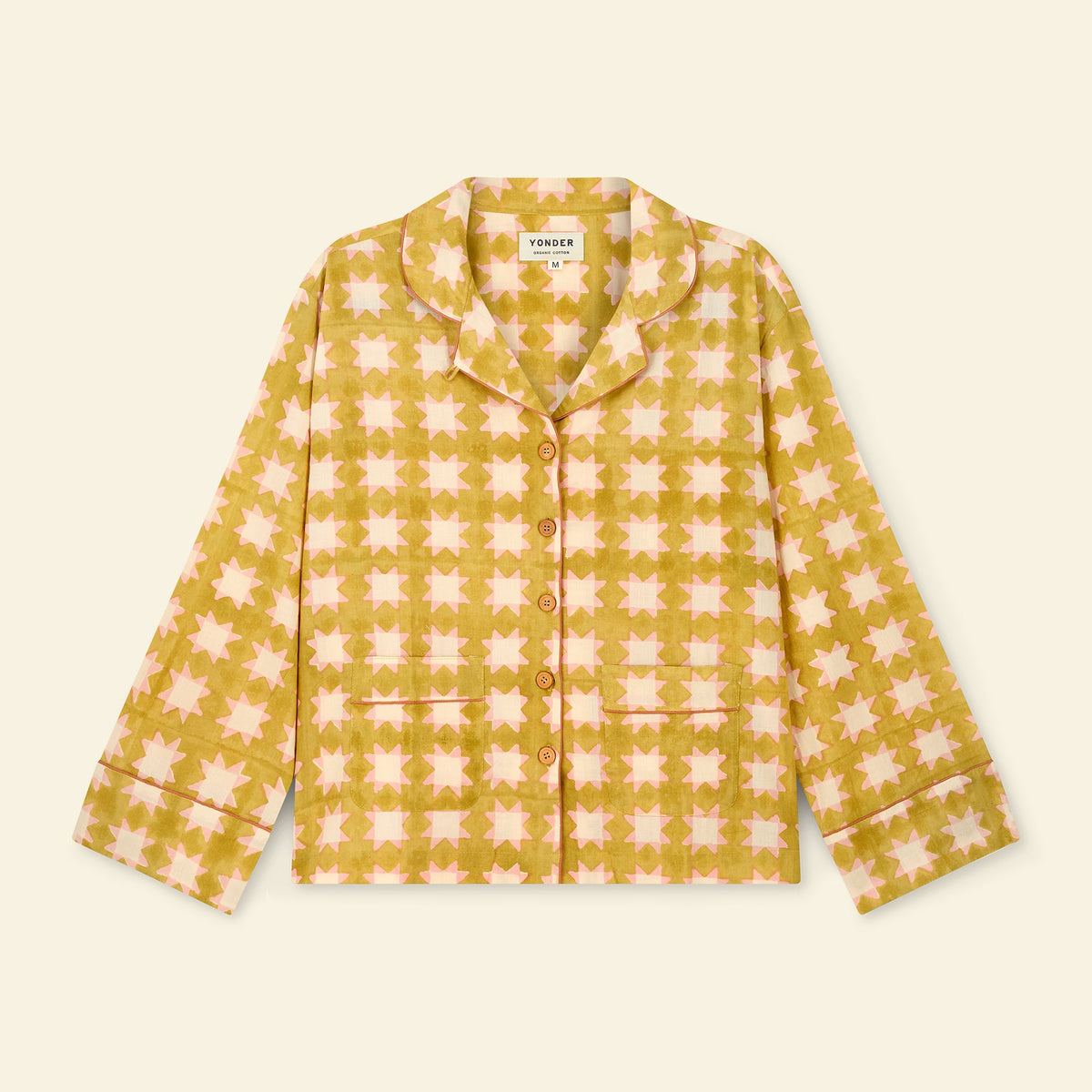Yonder women's pyjama set in carousel honey, hand block-printed in Jaipur